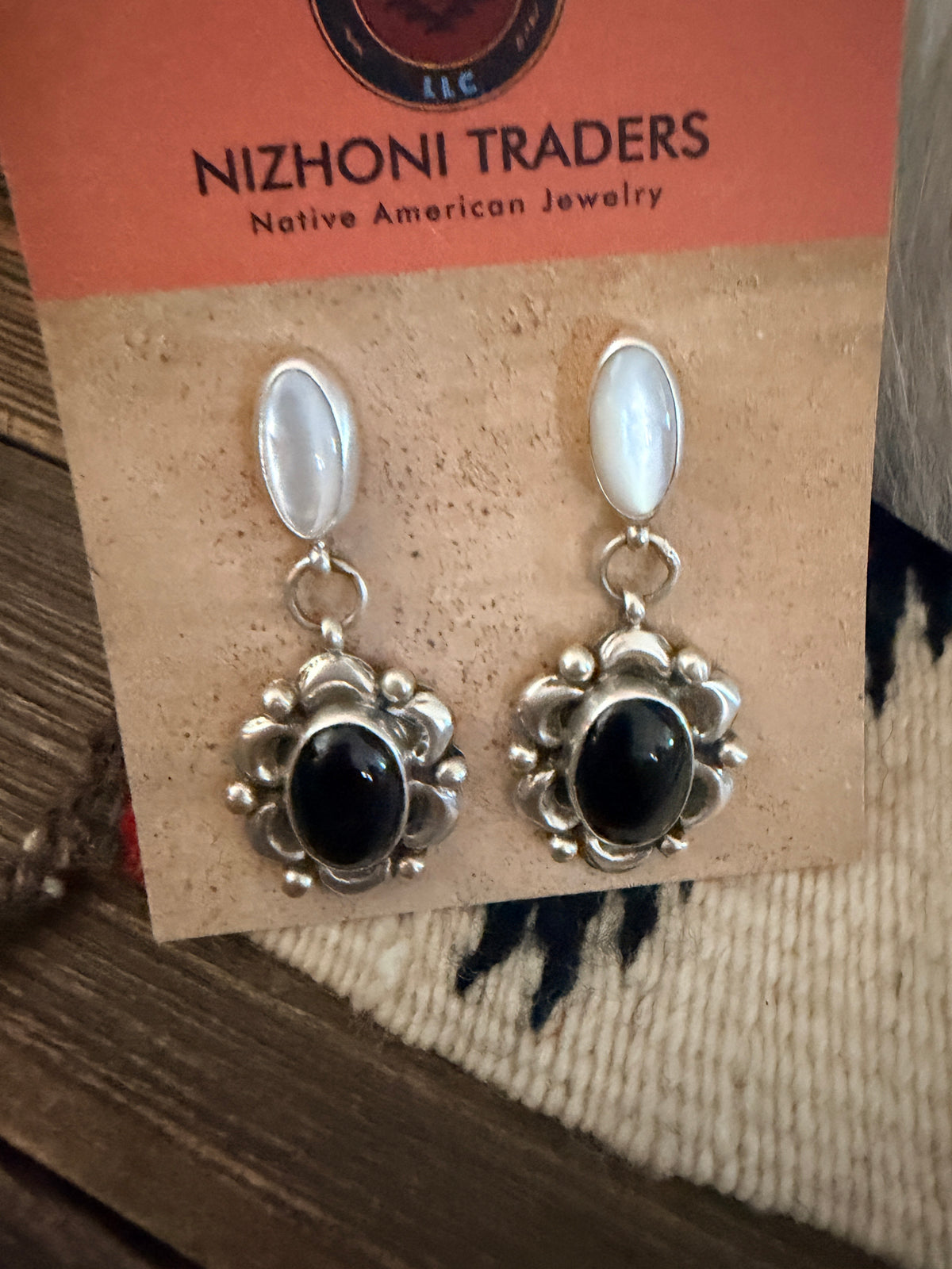 Handcrafted Onyx, Mother of Pearl & Sterling Silver Cluster Necklace and Earring Set by Larry Kaye