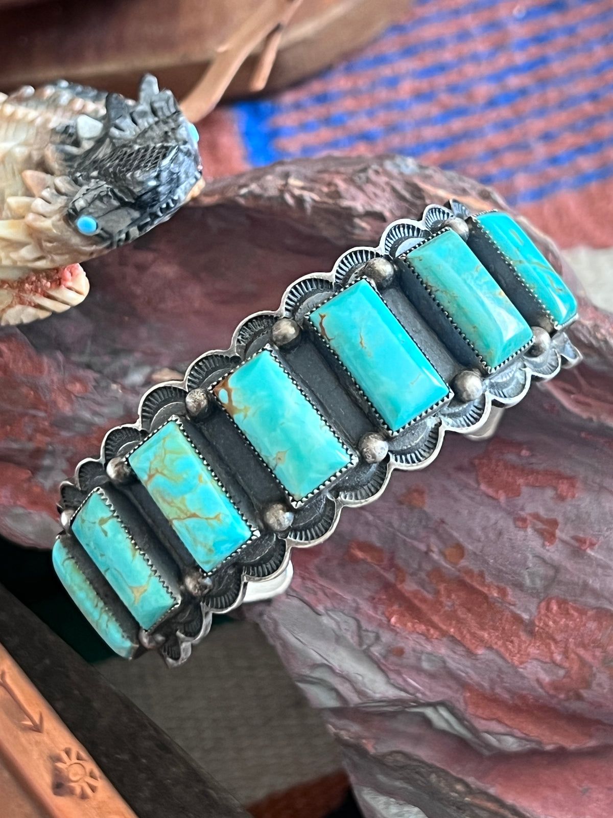 Estate Collection Vintage Sterling Silver and Kingman Turquoise Row Cuff by Tom Lewis