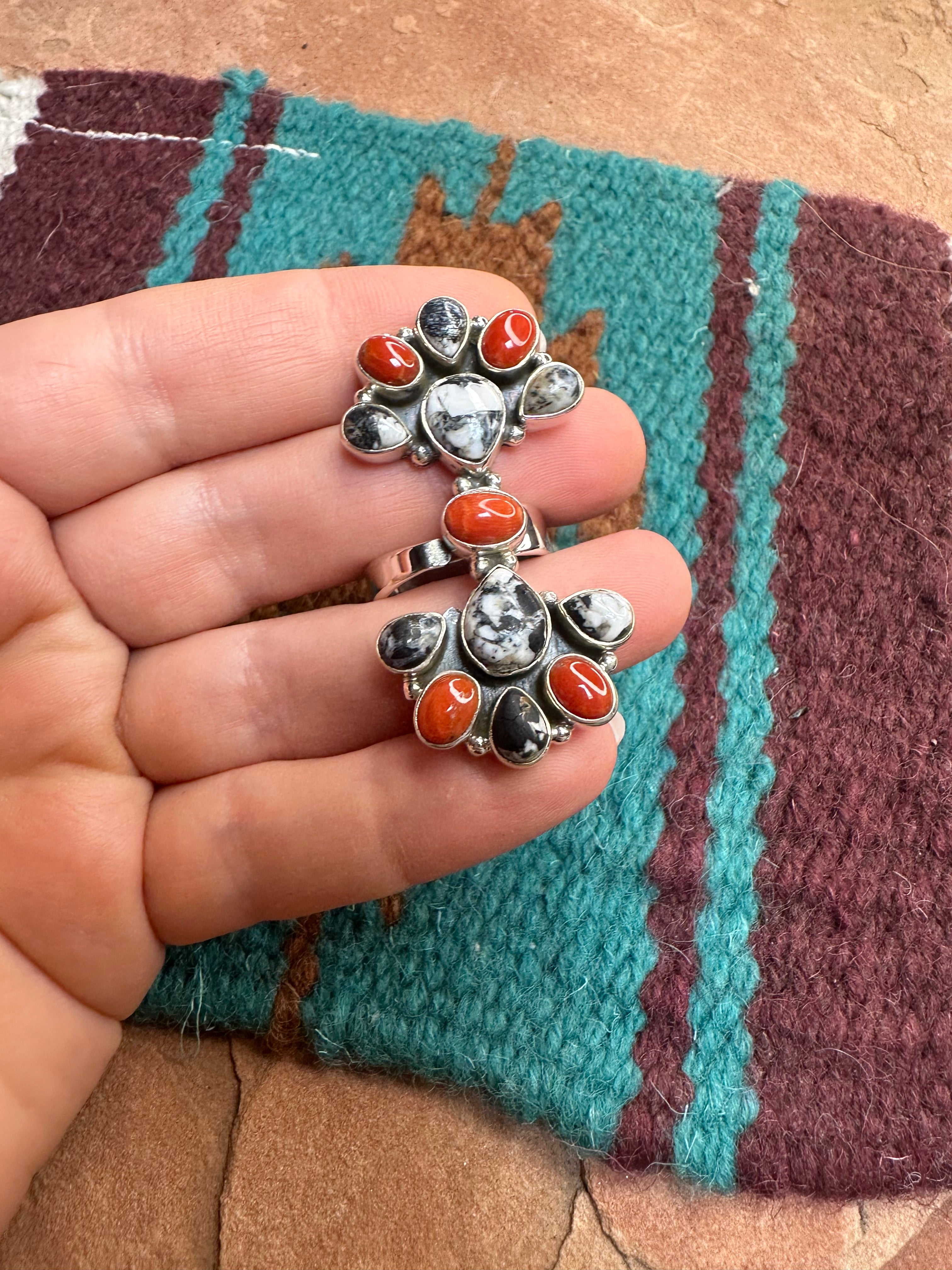 Handmade Coral, White Buffalo & Sterling Silver Adjustable Ring Signed Nizhoni