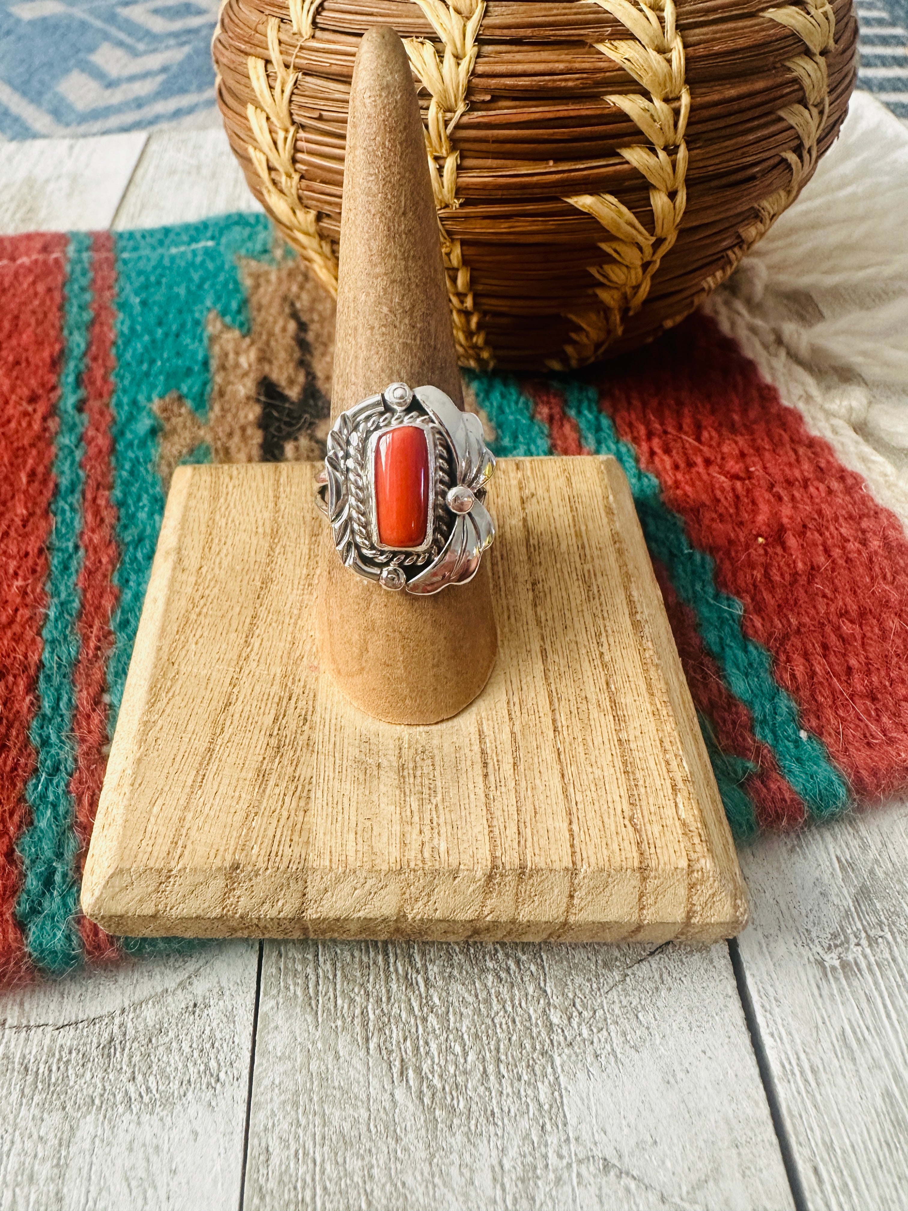 Navajo Coral & Sterling Silver Ring Size 7