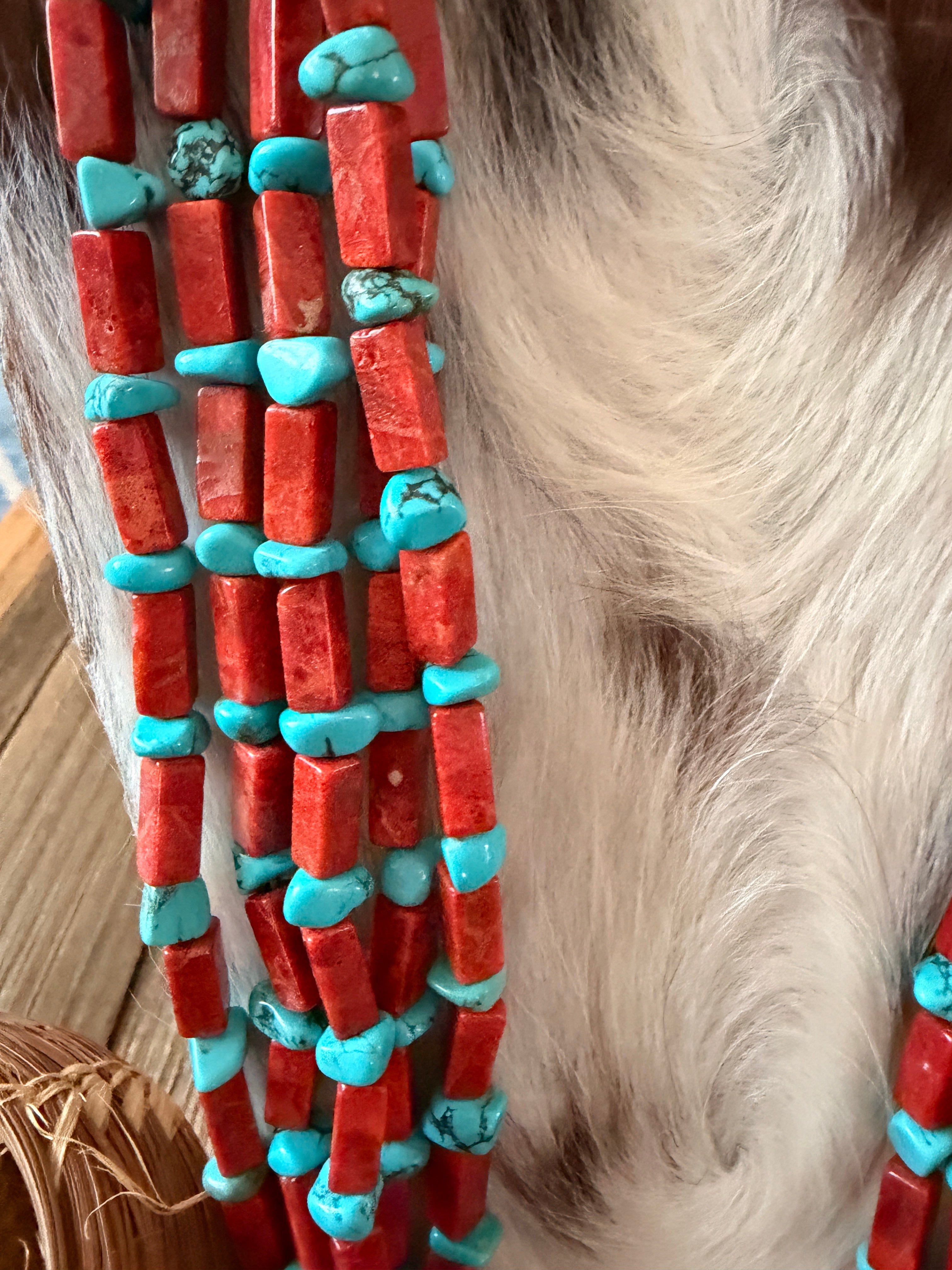 Old Pawn Handcrafted Apple Coral, Turquoise & Heishi Beaded 36” Necklace