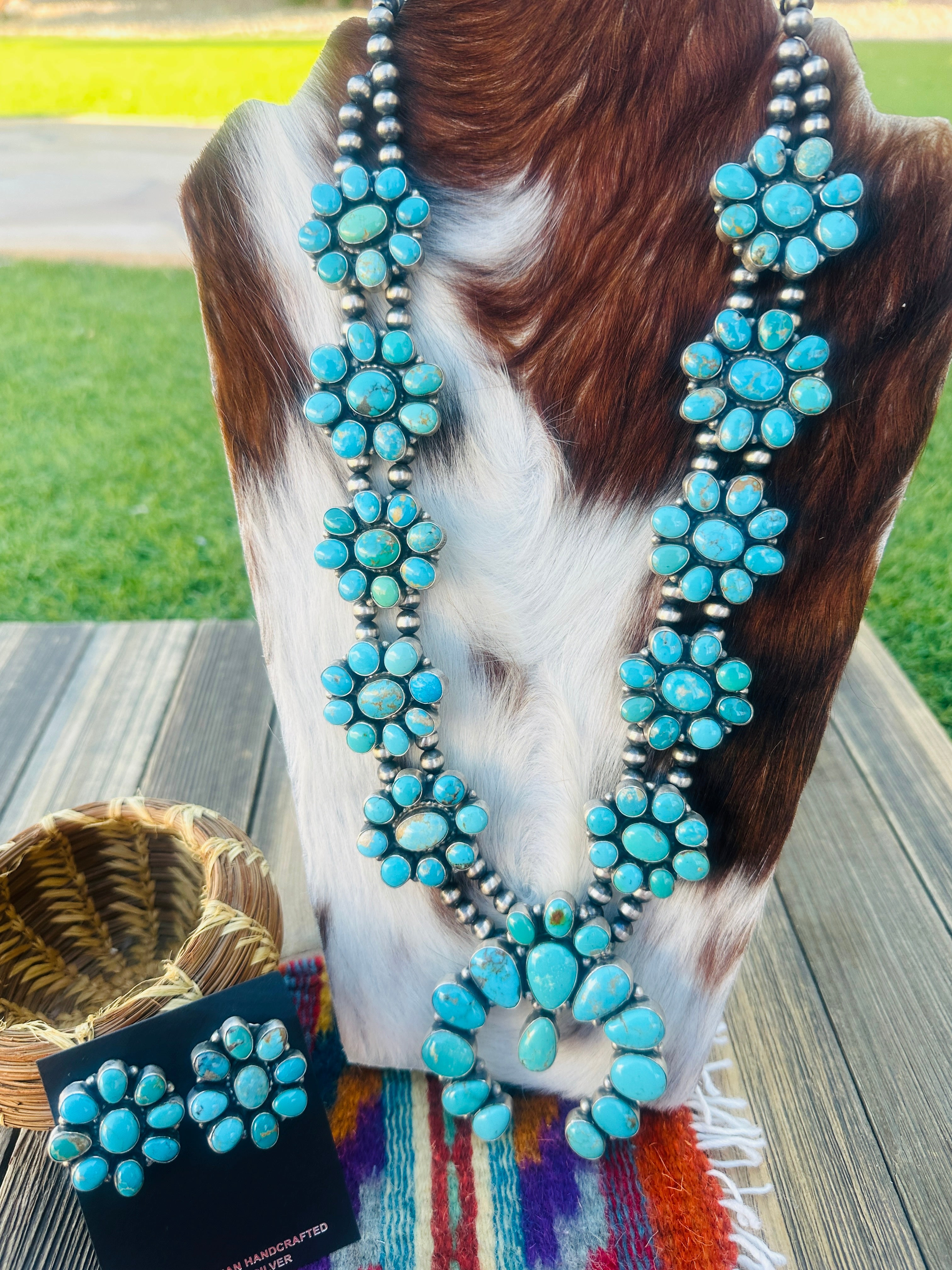 Handcrafted Turquoise & Sterling Silver Squash Blossom Necklace and Earring Set by Blaine Yellowhorse