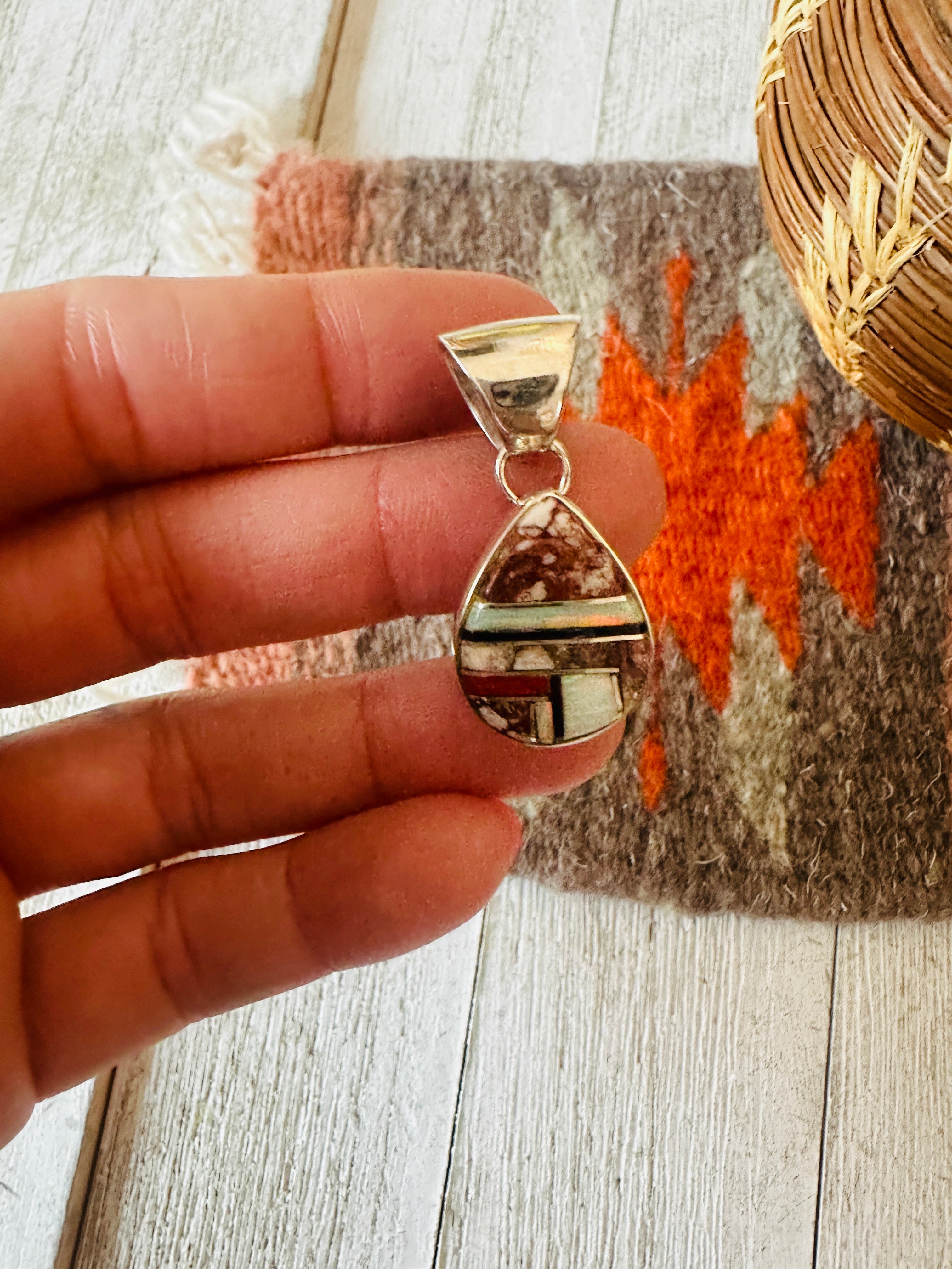 Navajo Multi Stone & Sterling Silver Inlay Teardrop Pendant