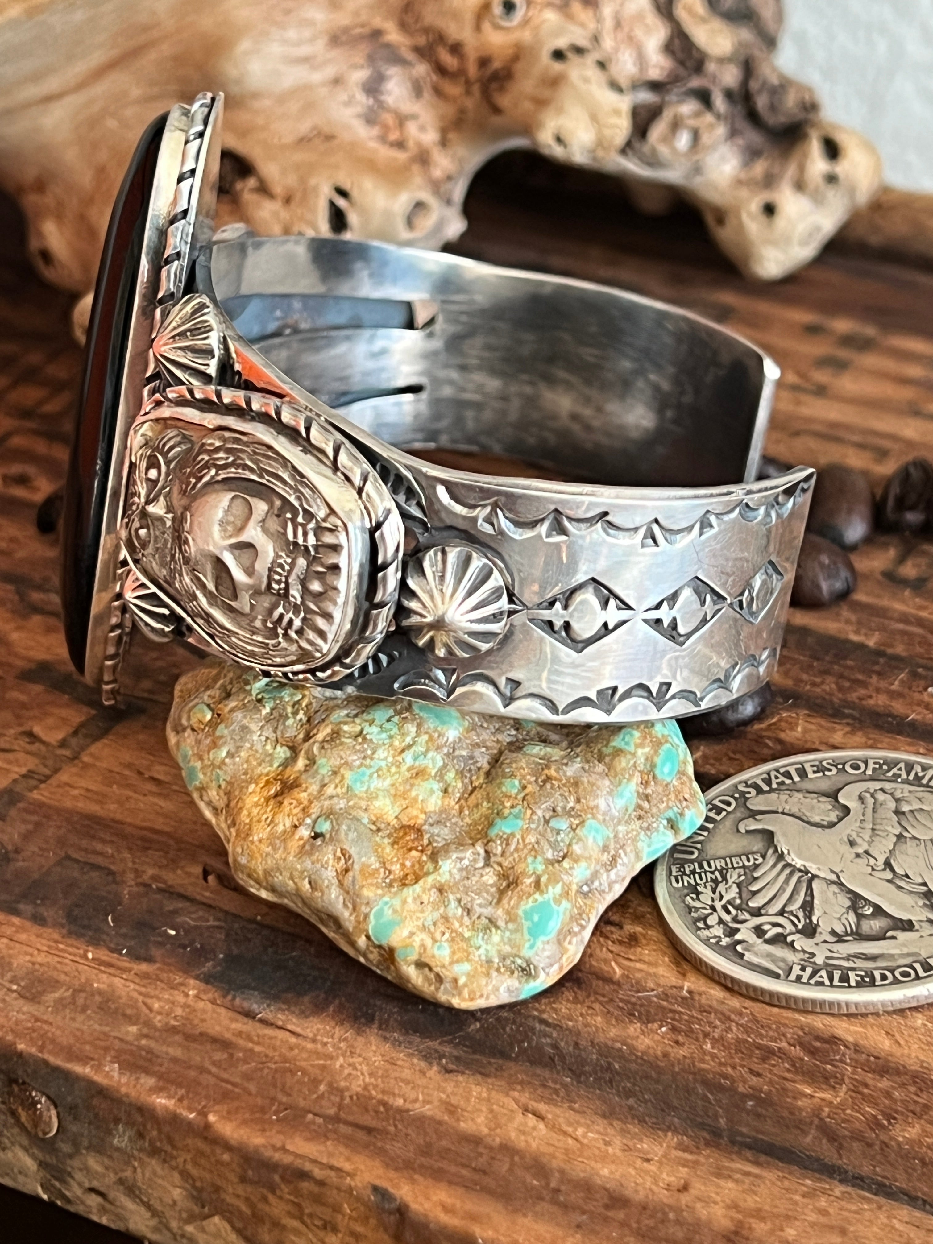 Sterling Silver Handcrafted Cuff Bracelet with Onyx, Owl and Skull Detail, Taller Stone