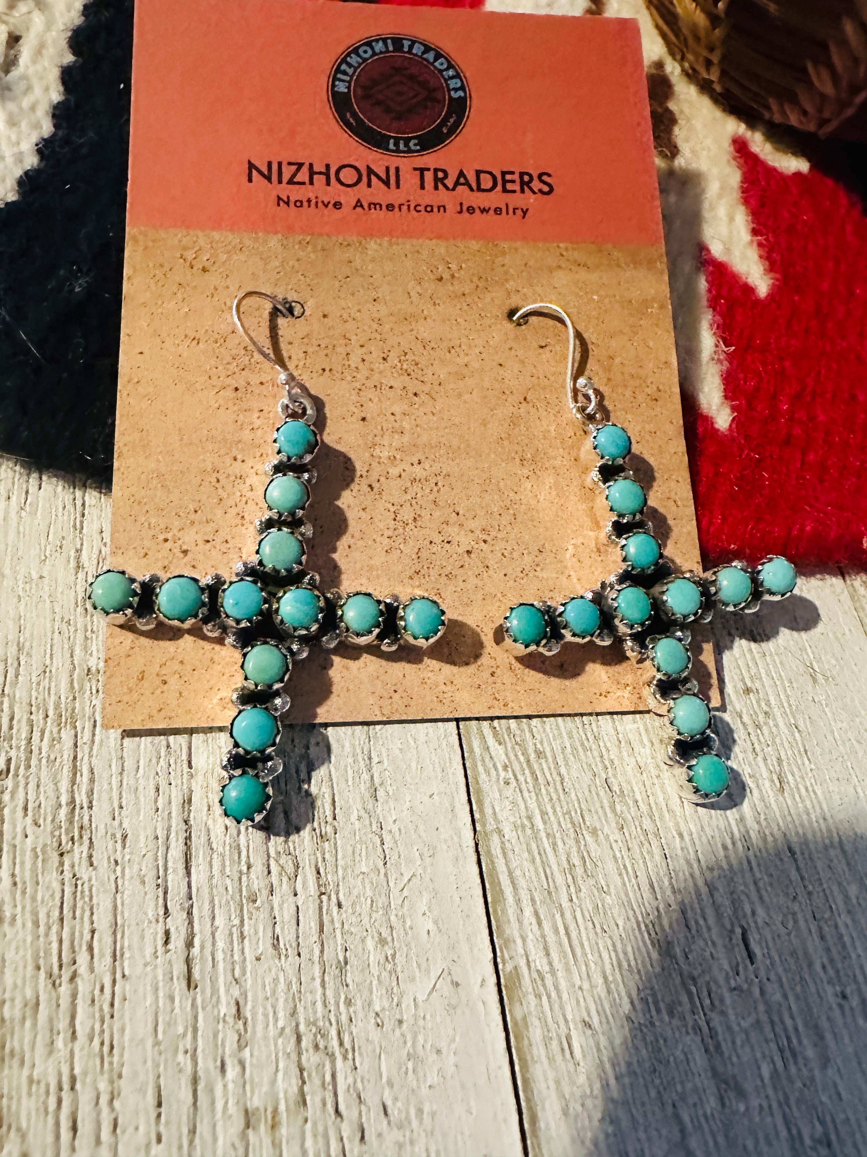 Handmade Turquoise & Sterling Silver Cross Wire Dangle Earrings Signed Nizhoni