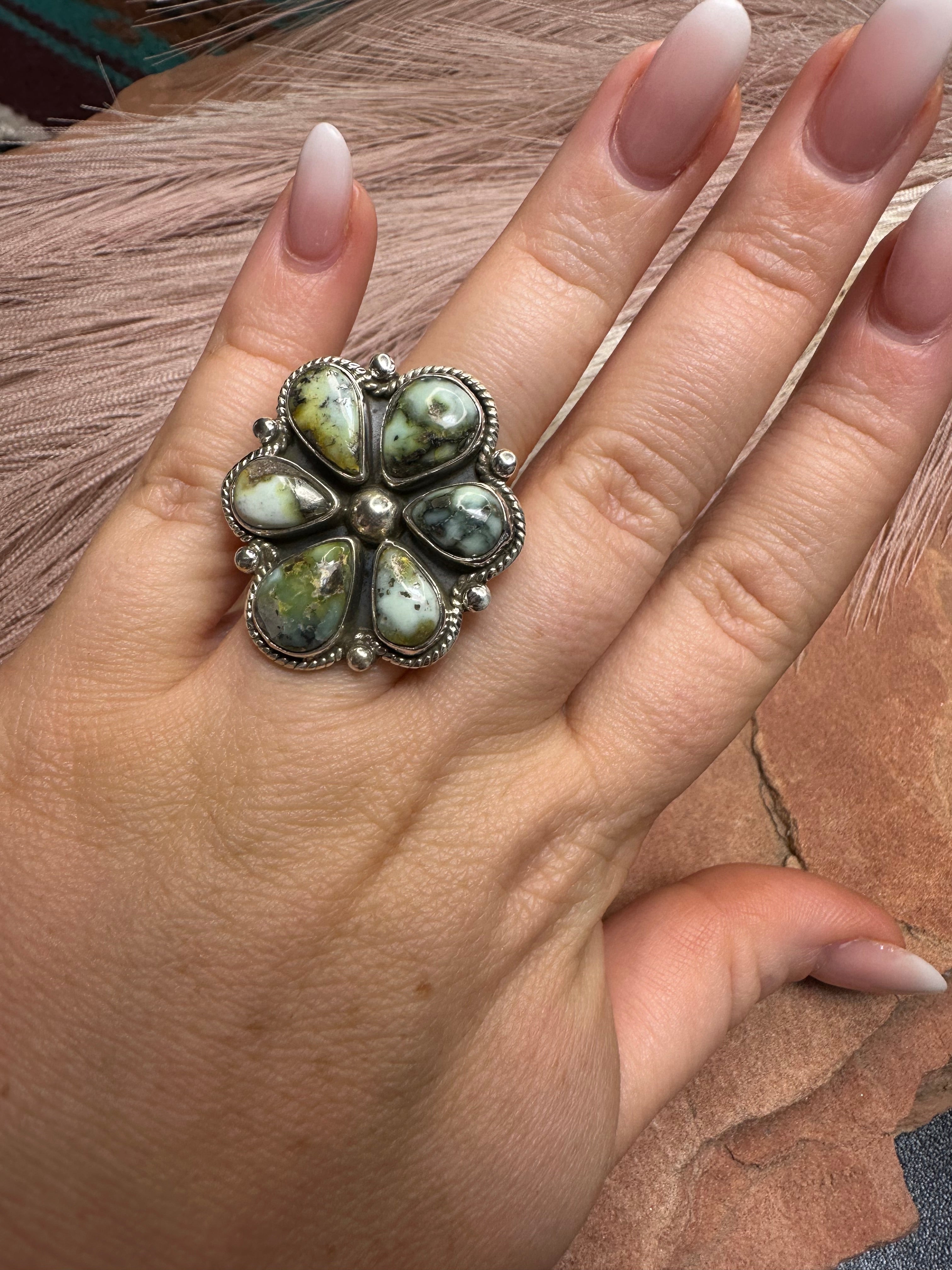 Beautiful Handmade Palomino Turquoise And Sterling Silver Adjustable Cluster Flower Ring