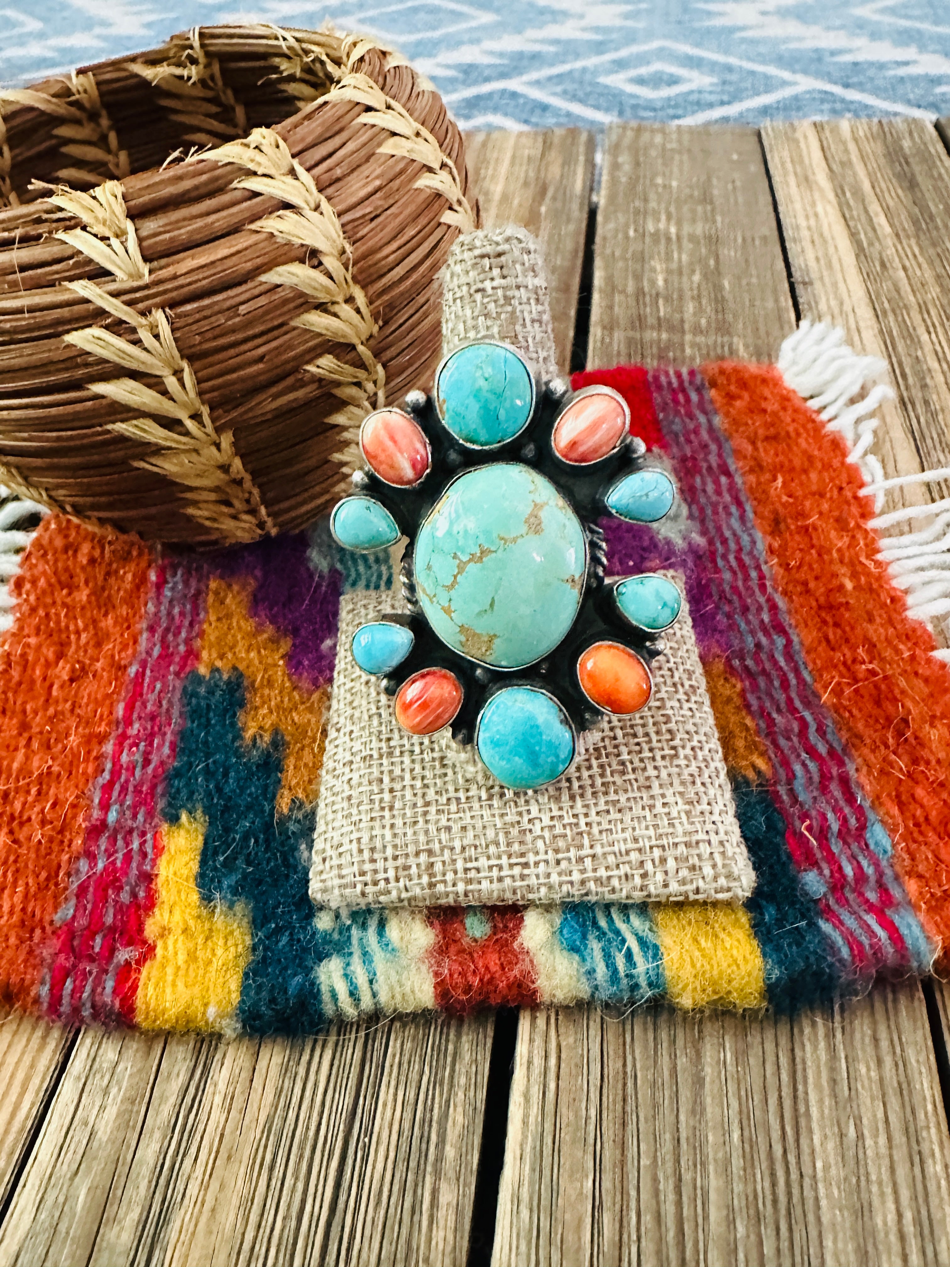 Handcrafted Spiny, Turquoise & Sterling Silver Cluster Ring Size 9.5 by Sheila Becenti