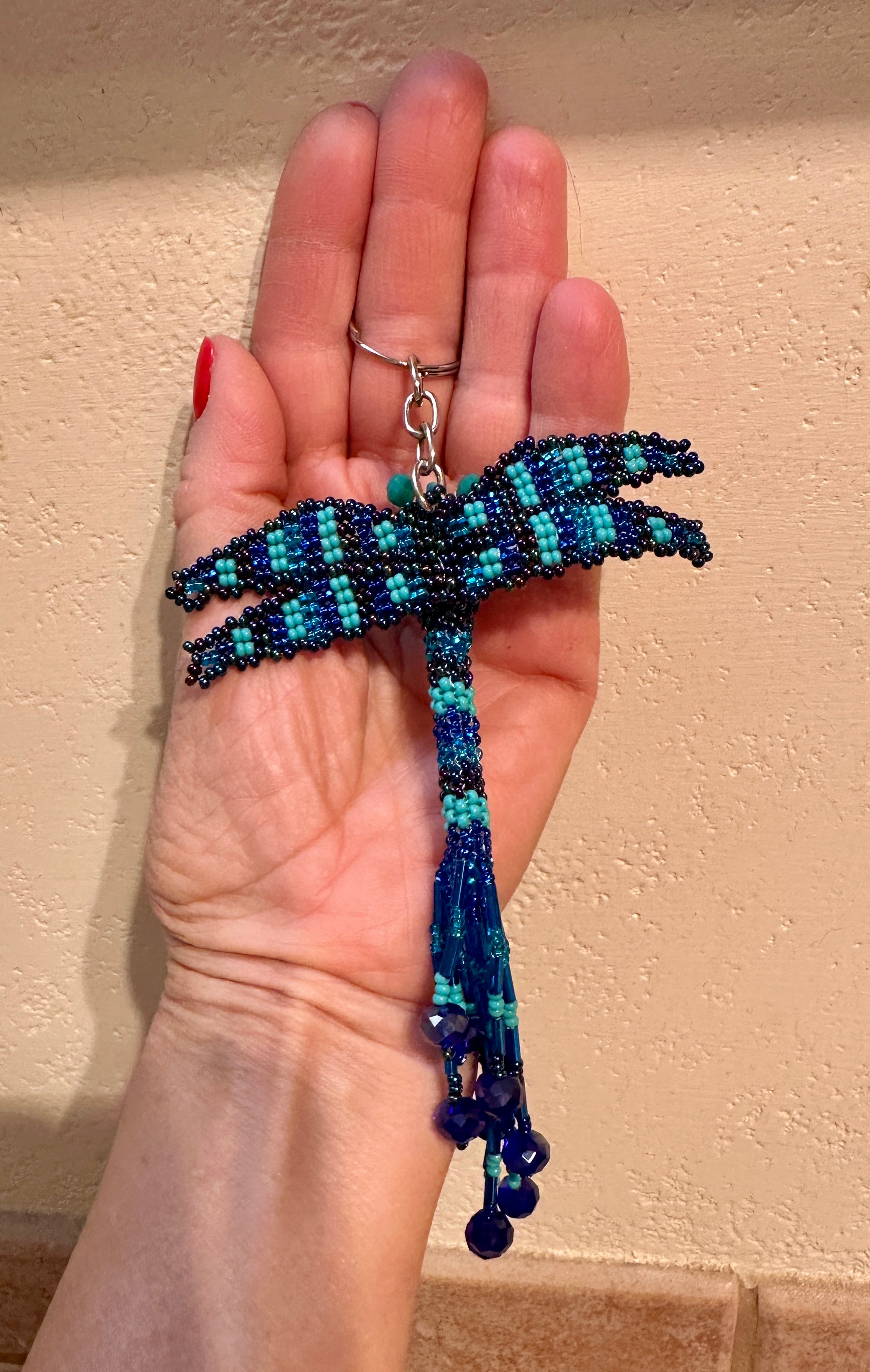Handmade Beaded Blue Dragonfly Keychain