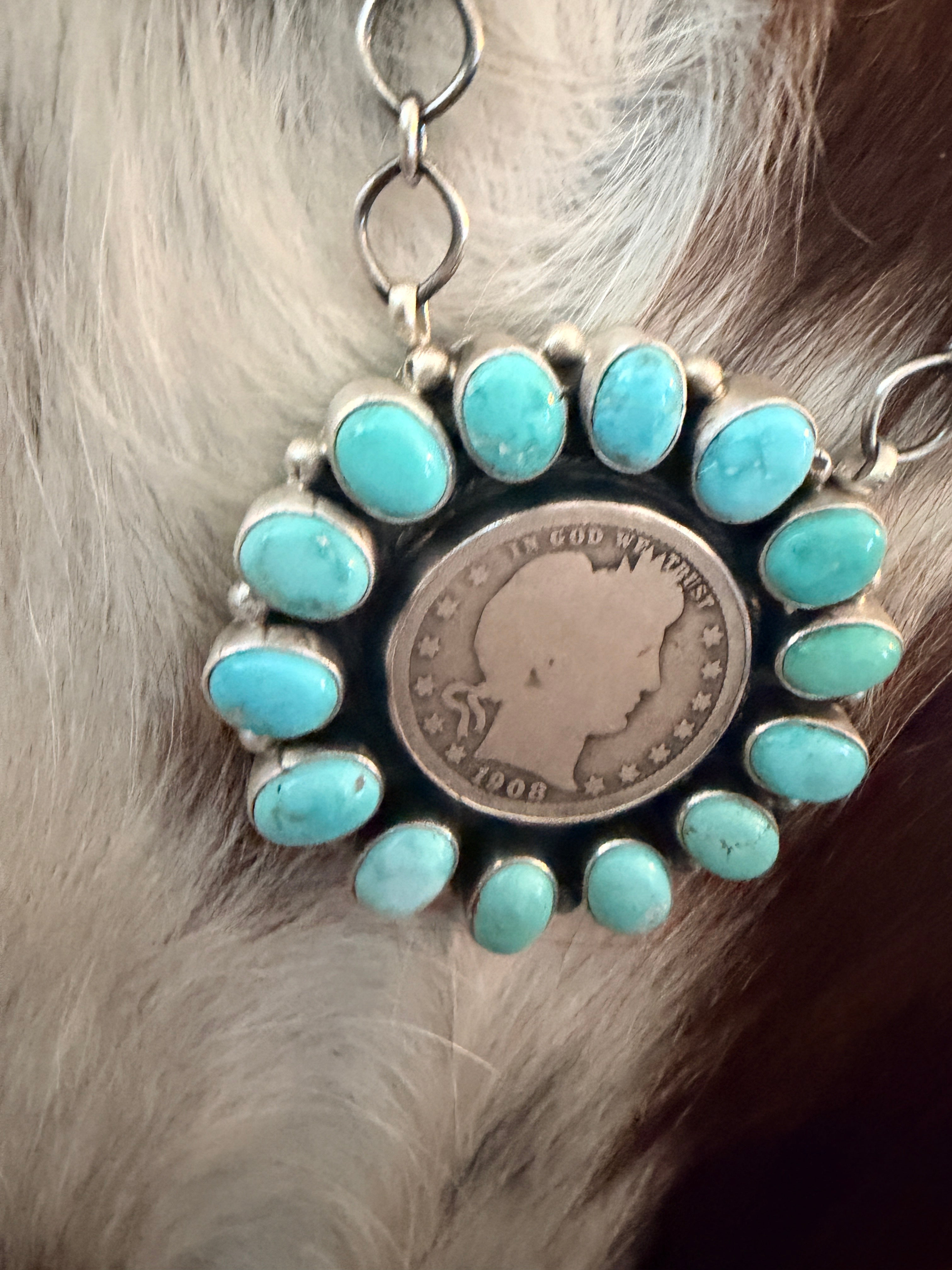 Handcrafted Turquoise & Sterling Silver Liberty Dime Necklace by Travis Jim