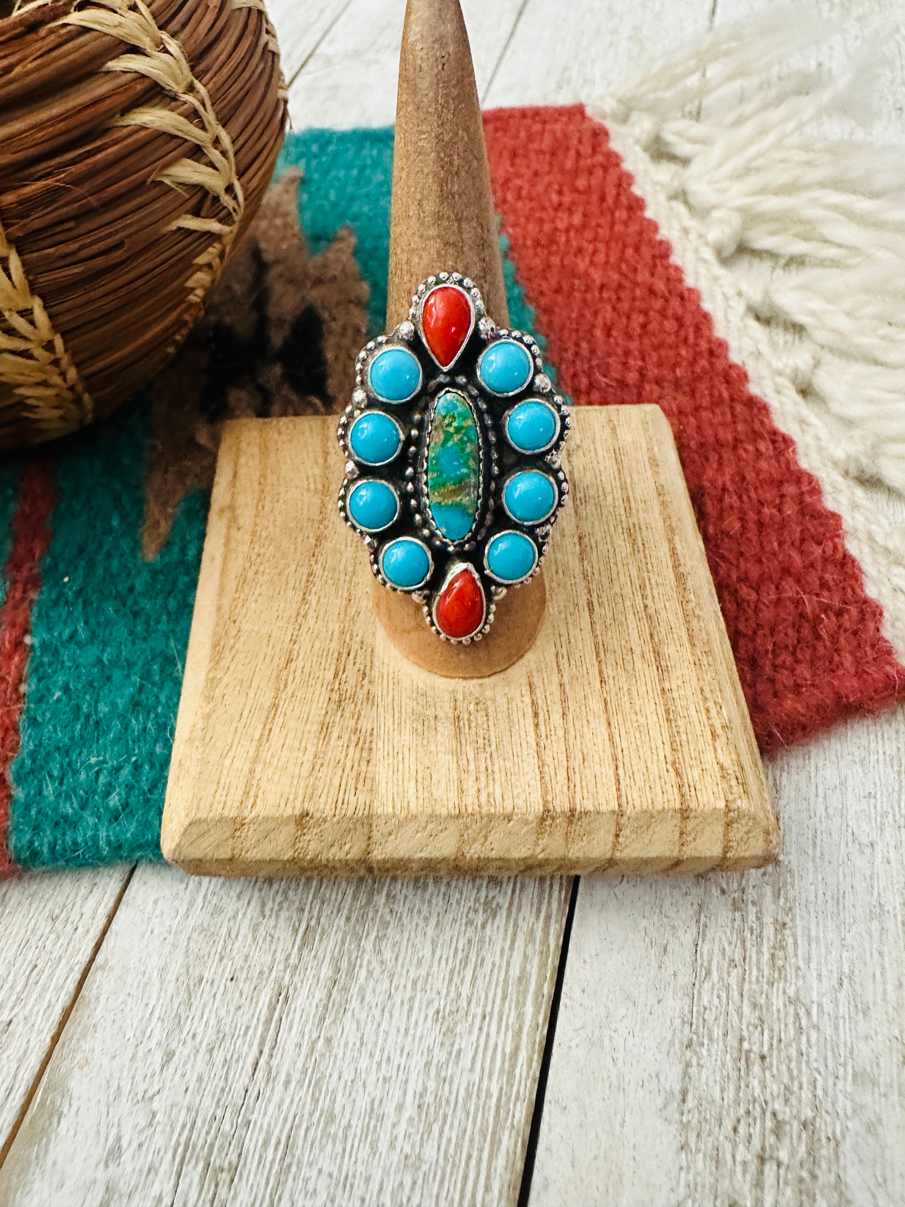 Navajo Turquoise, Coral & Sterling Silver Cluster Ring Size 7.25