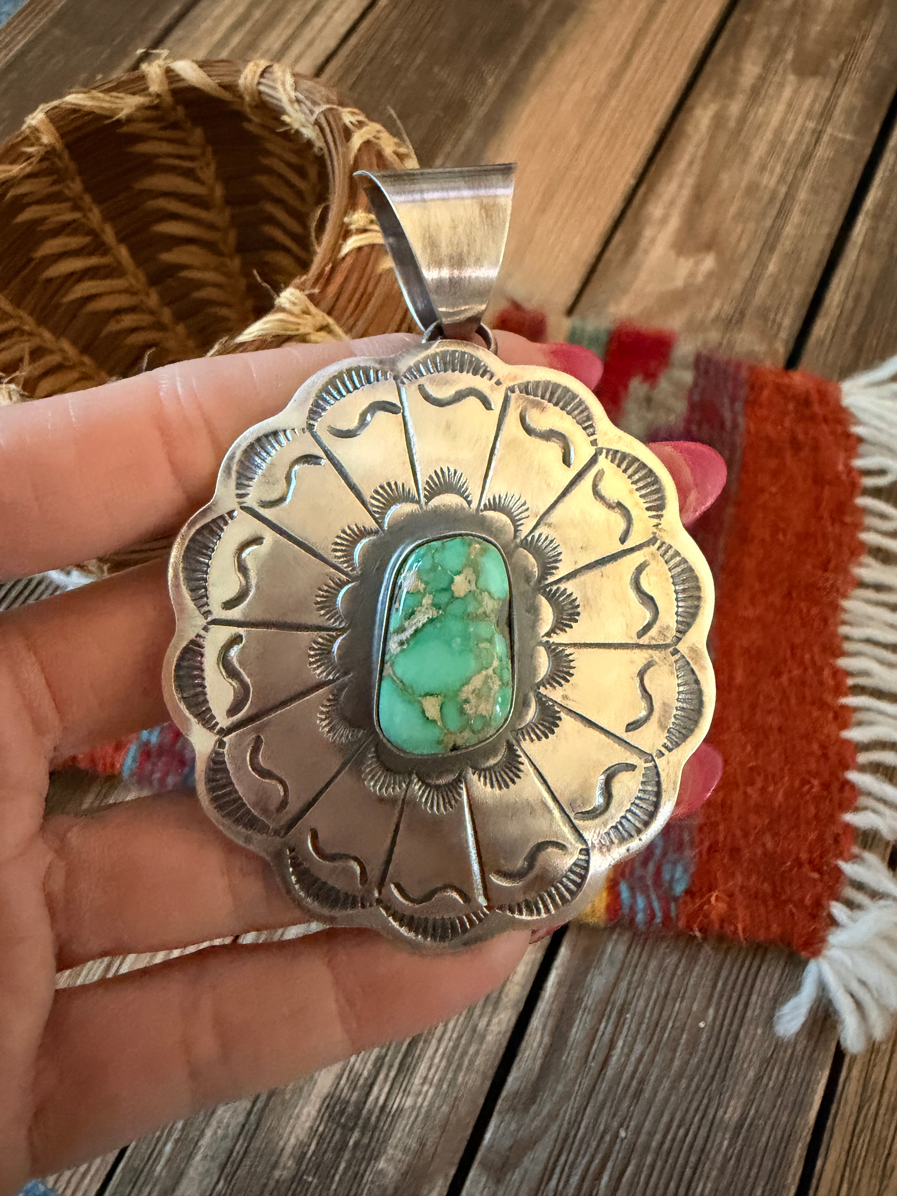 Handcrafted Turquoise and Sterling Silver Concho Pendant by Chimney Butte