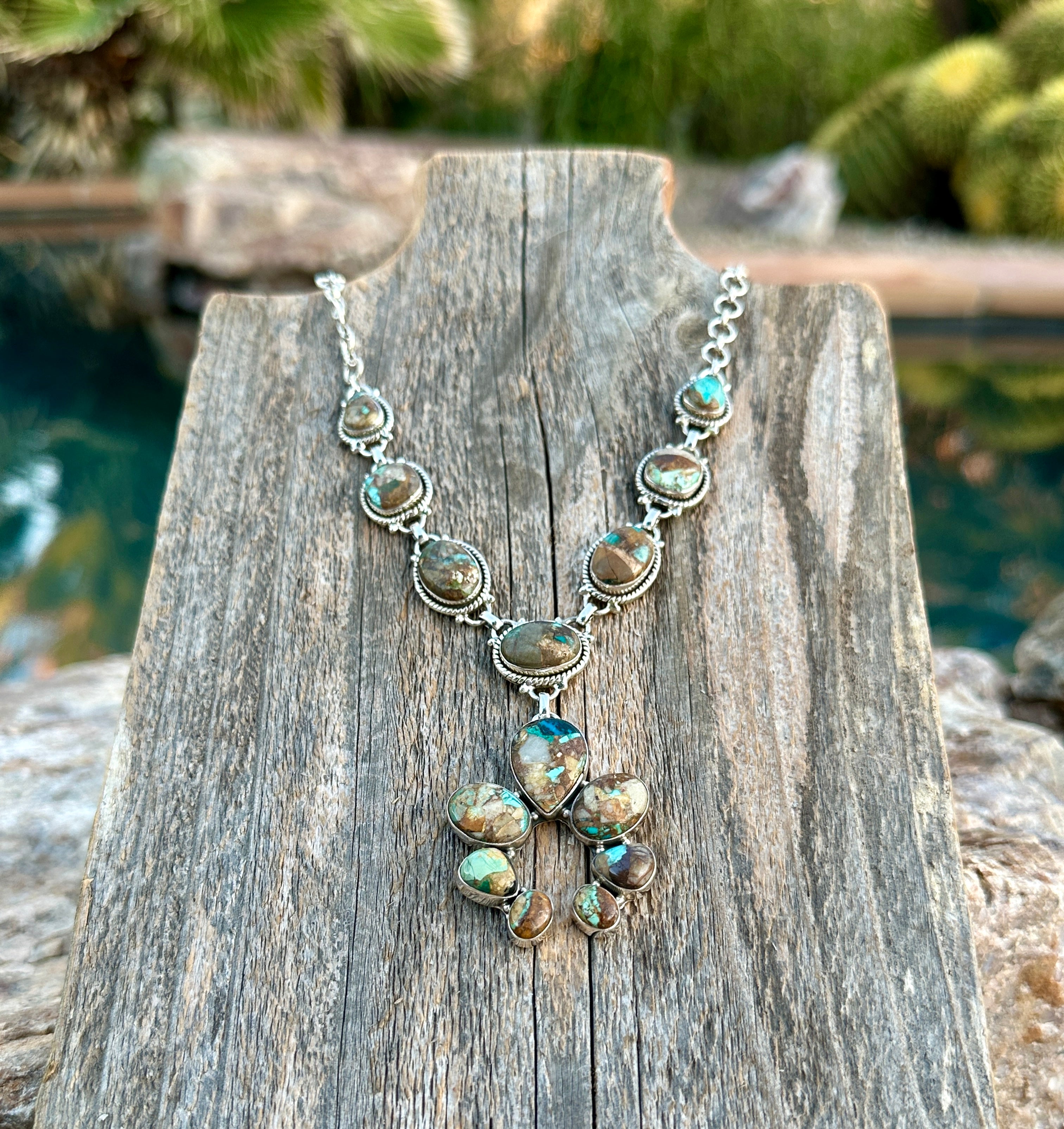 Handmade Royston Ribbon Turquoise Naja & Sterling Silver Lariat Necklace