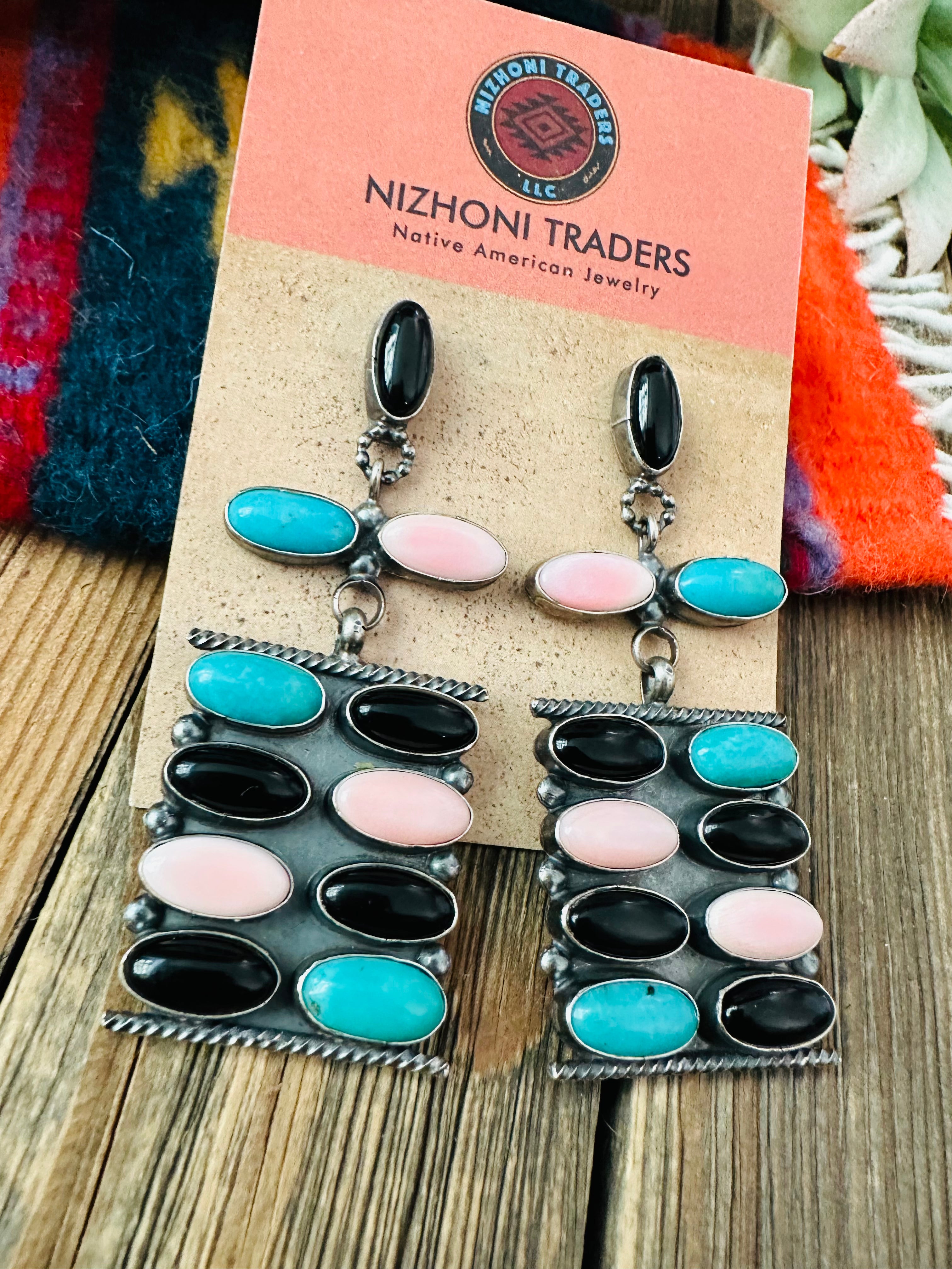 Navajo Queen Pink Conch, Turquoise, Onyx & Sterling Silver Dangle Earrings