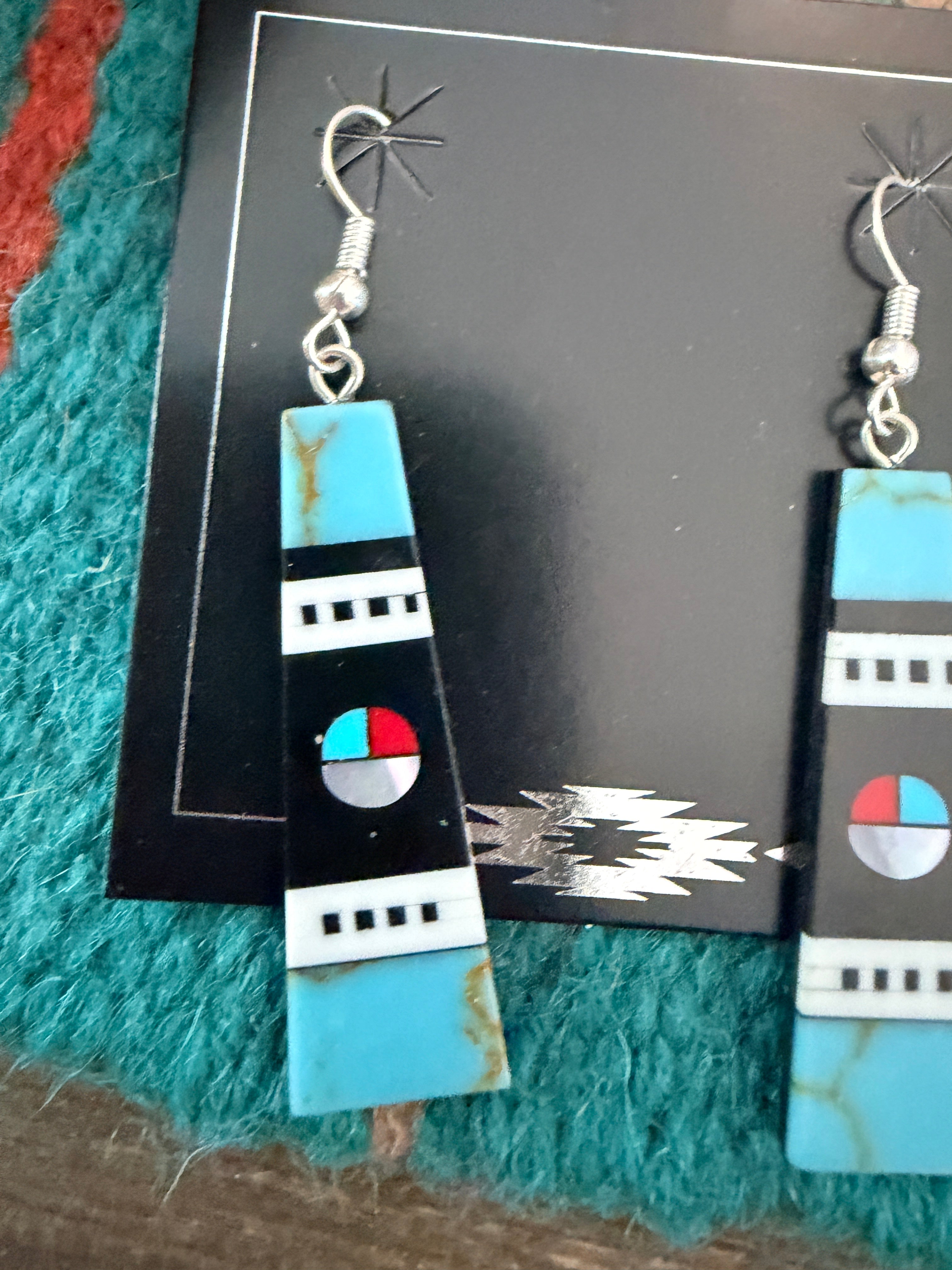 Old Pawn Handcrafted Sterling Silver & Multi Stone Inlay Sun Face Dangle Earrings