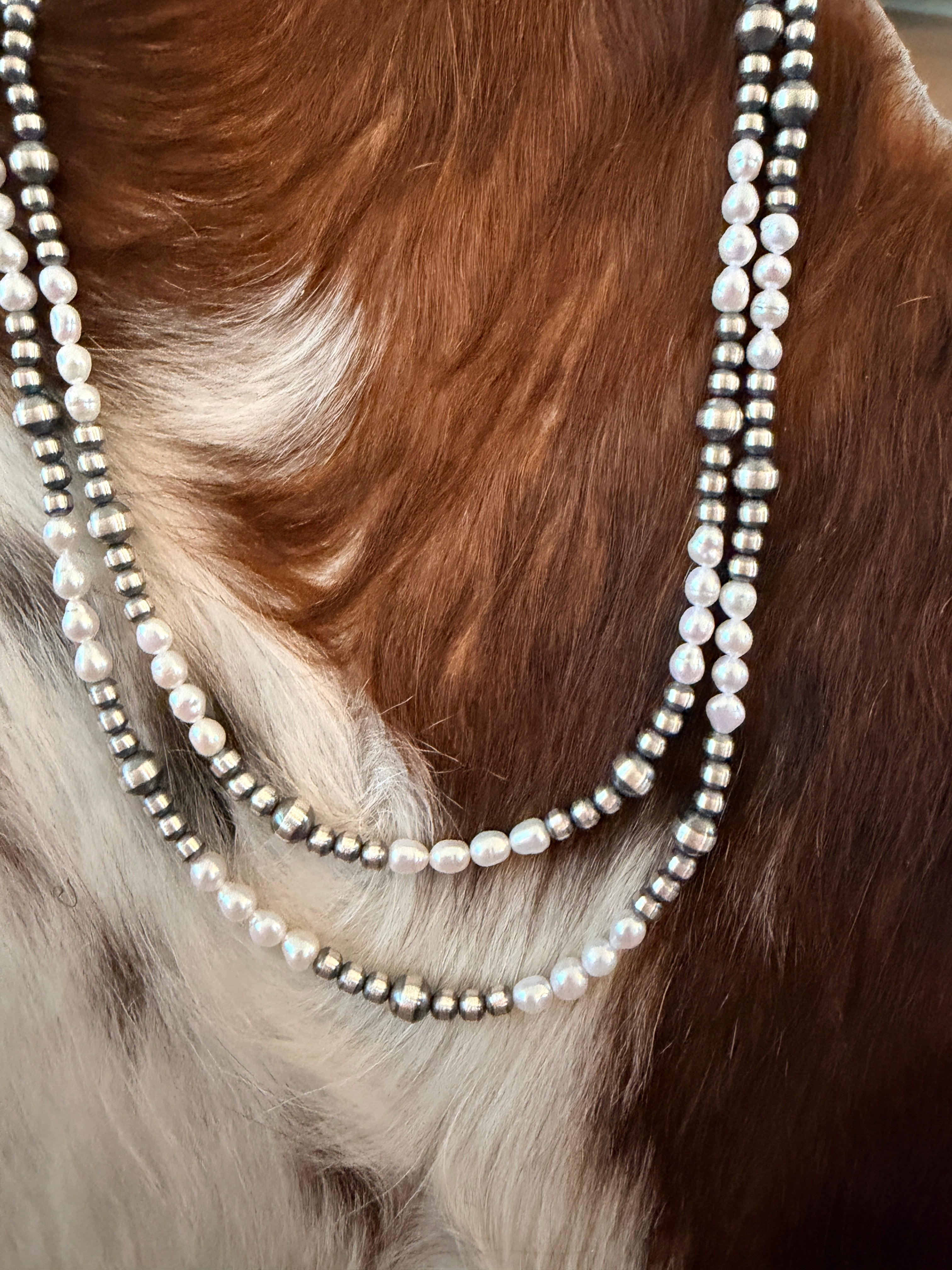 Handcrafted Mother of Pearl and Sterling Silver Pearl Beaded Necklace