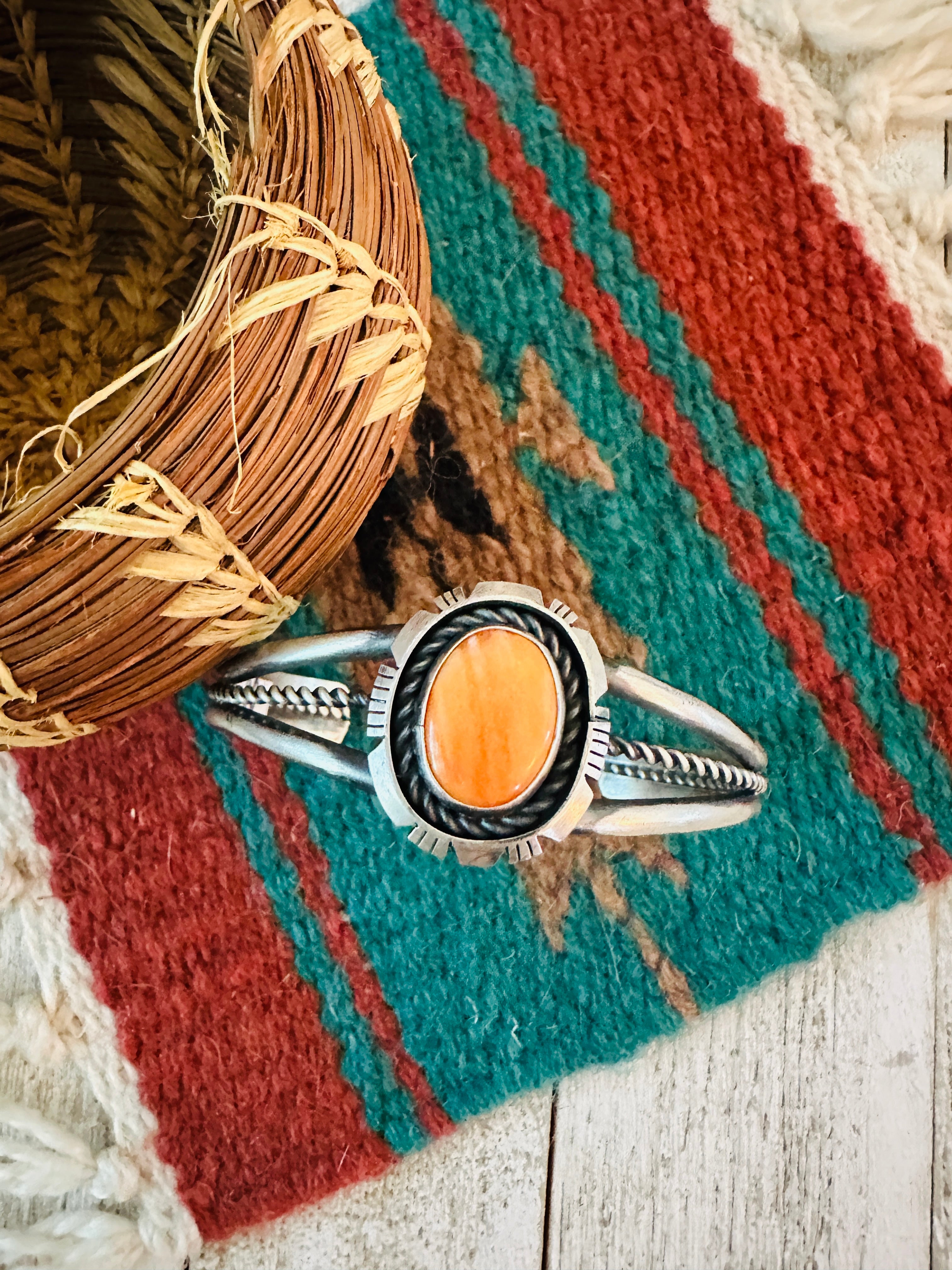 Handcrafted Sterling Silver & Orange Spiny Cuff Bracelet by Eli Skeets