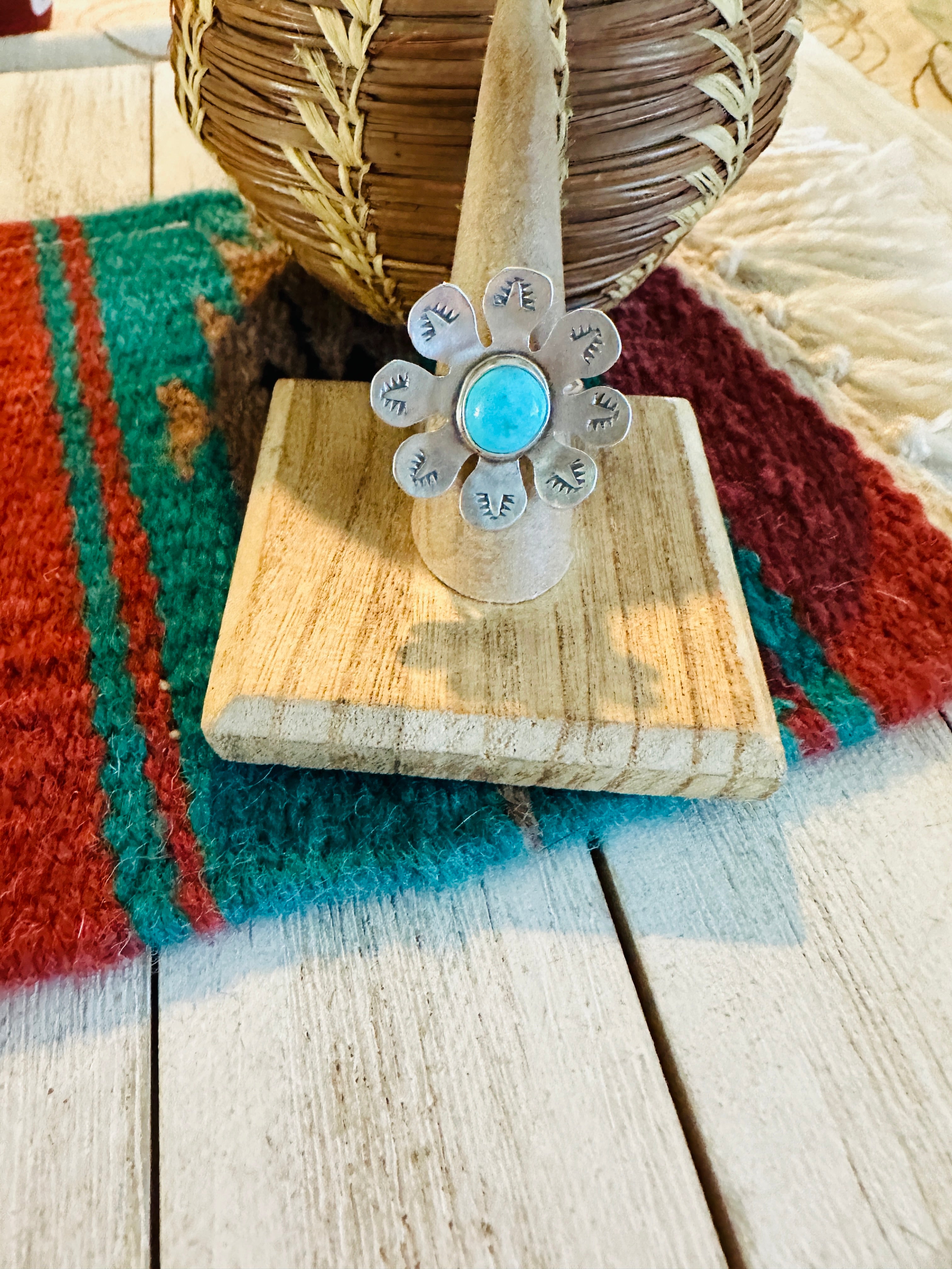 Navajo Sterling Silver & Turquoise Adjustable Flower Ring