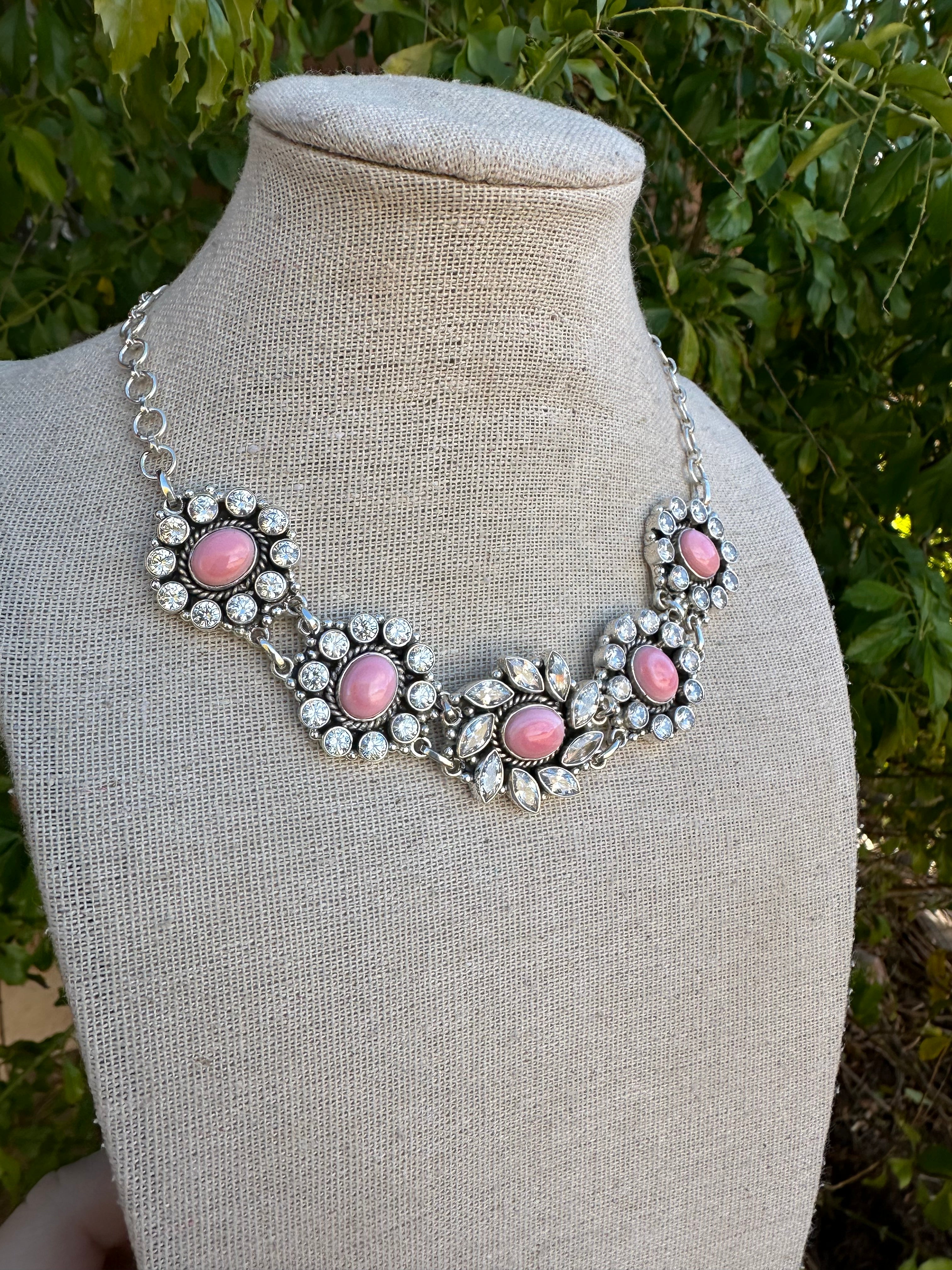 Handmade Sterling Silver, CZ & Pink Conch Choker Necklace Set