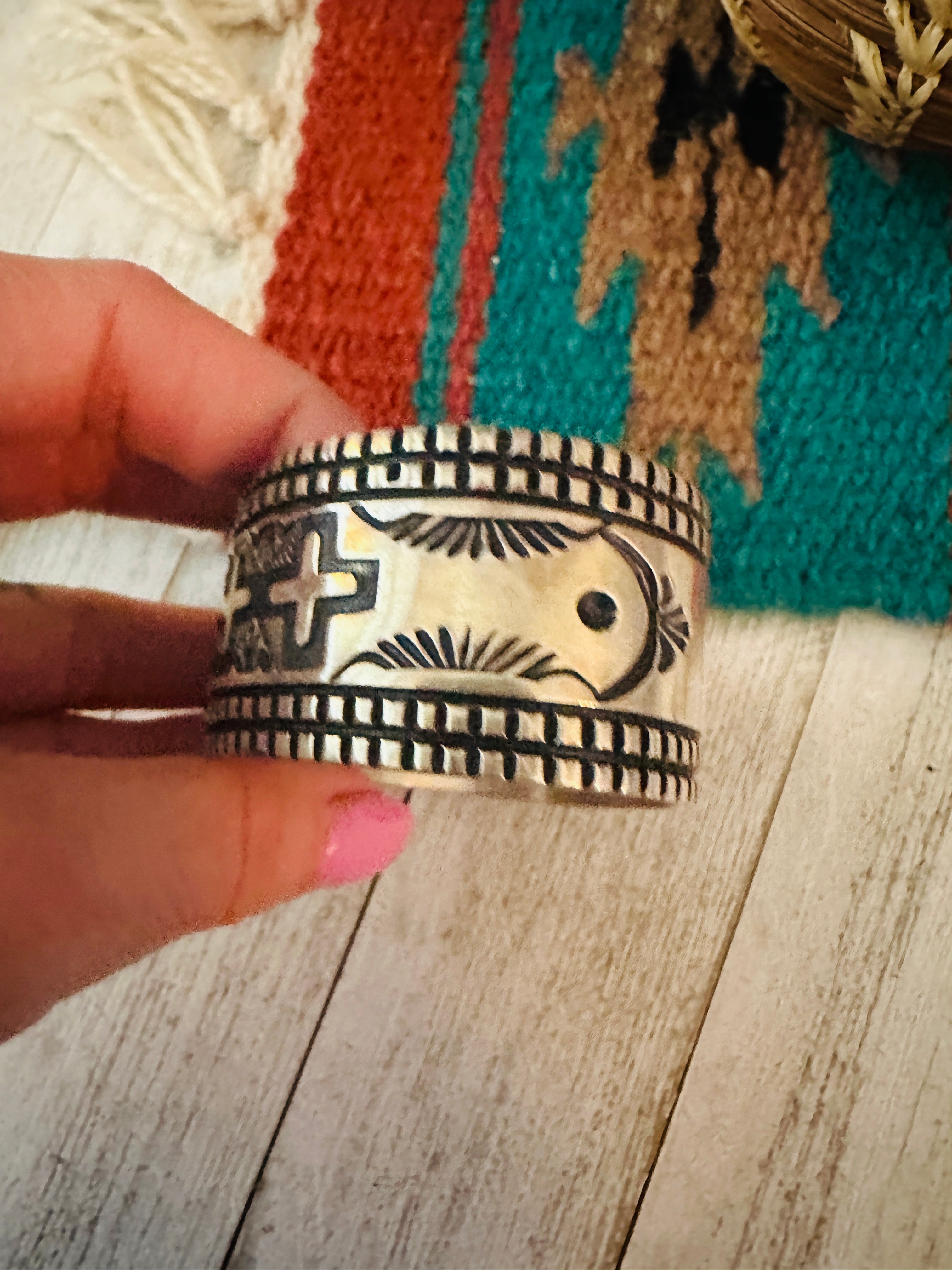 Navajo Hand Stamped Sterling Silver Cross Cuff Bracelet By Elvira Bill