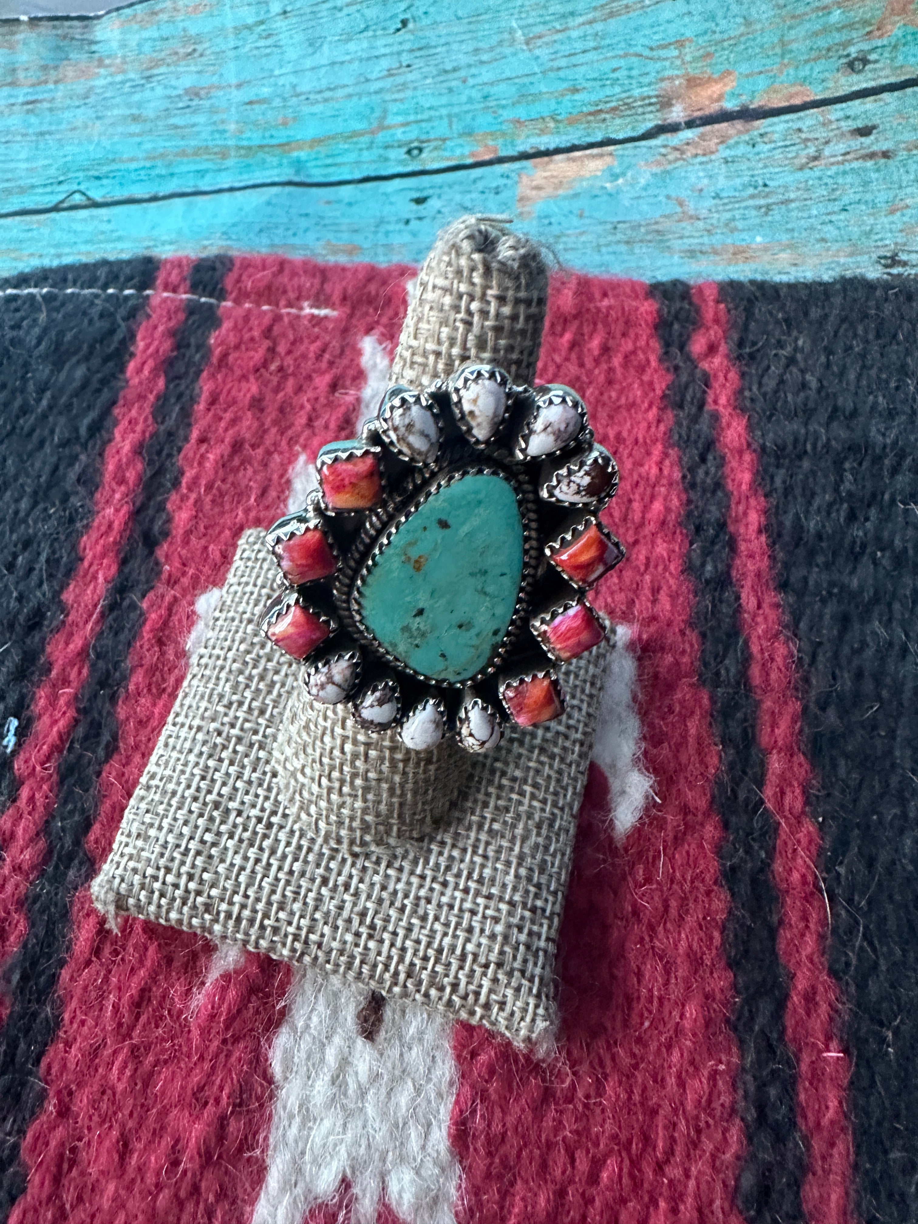 Beautiful Handmade Turquoise, Pink Dream Mojave, Wild Horse And Sterling Silver Adjustable Ring