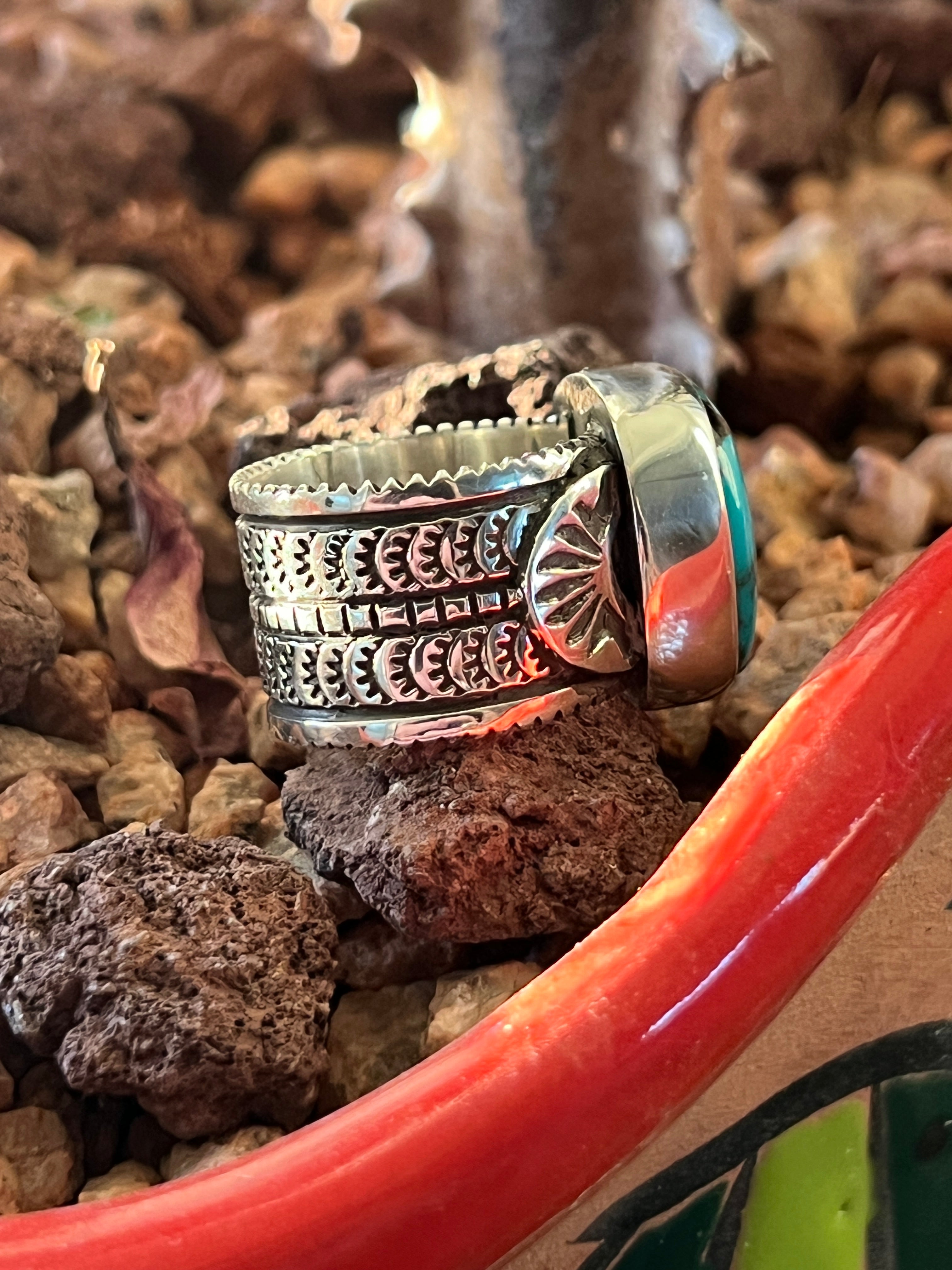 Handcrafted Sterling Silver Wide Shank Ring with Egyptian Turquoise by Shaun Rogers, Size 8.25