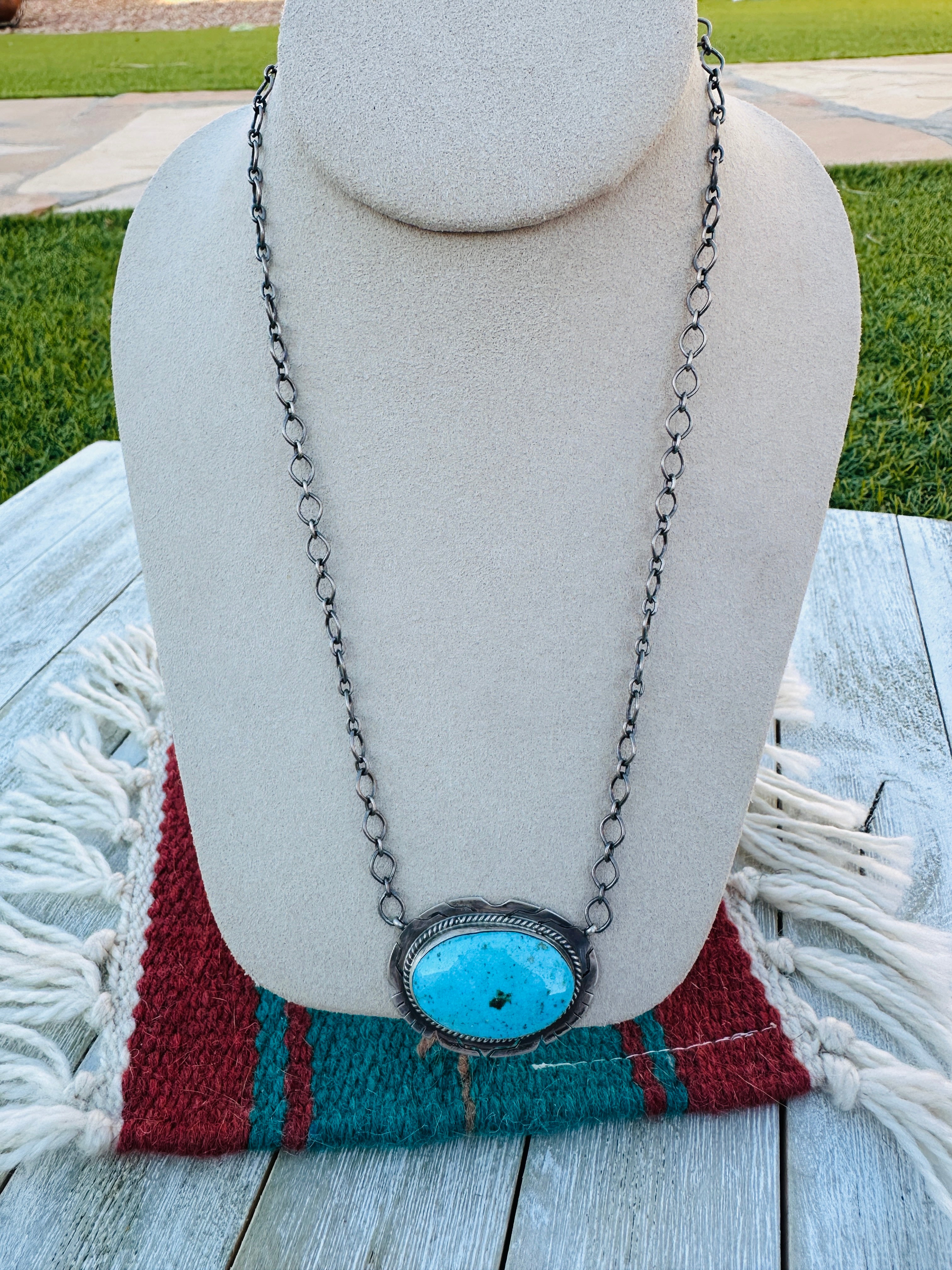 Handcrafted Sterling Silver 18” Link Chain & Turquoise Necklace