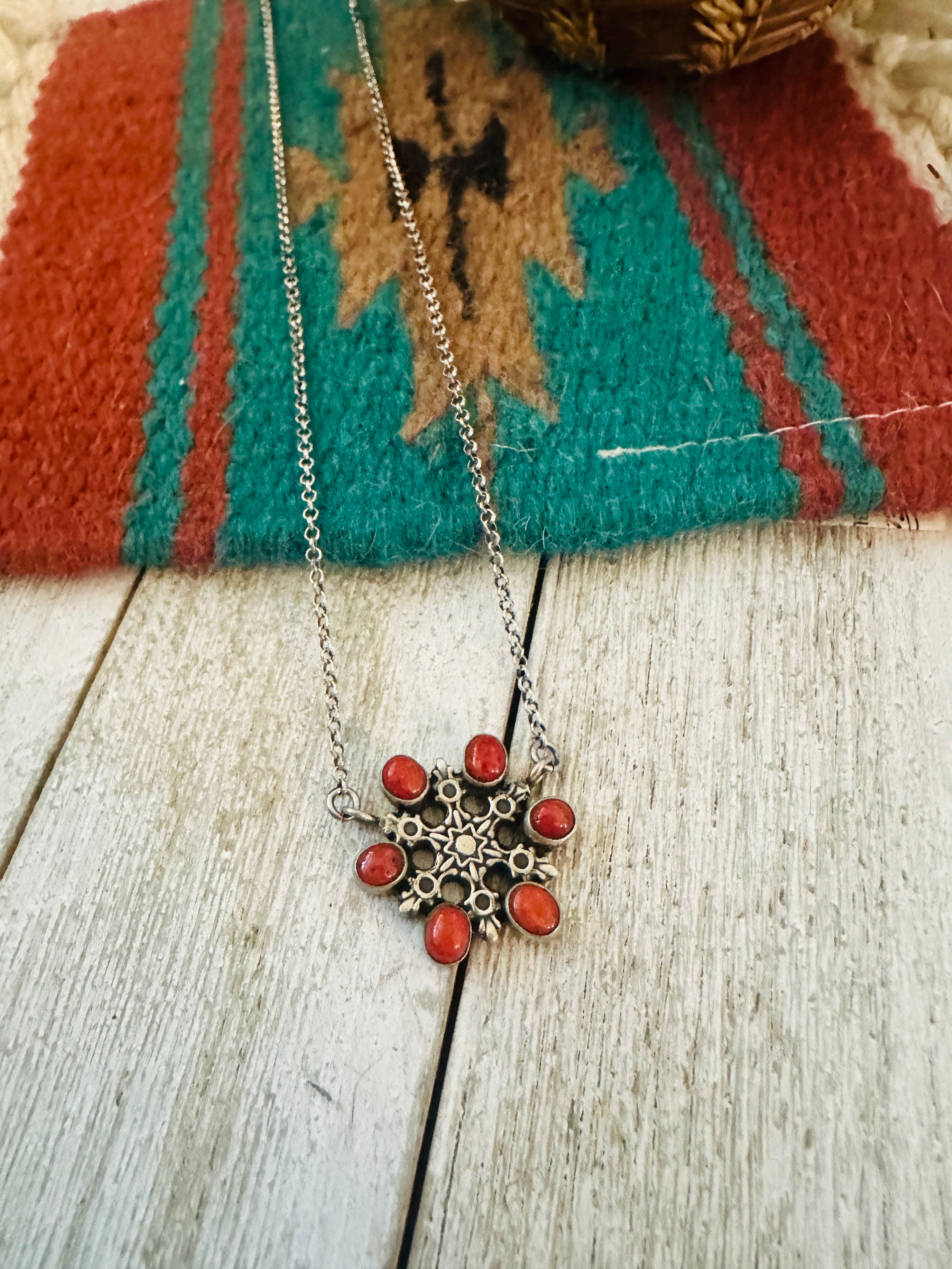 ** Christmas Collection ** Handmade Sterling Silver & Coral Snowflake Necklace Signed Nizhoni
