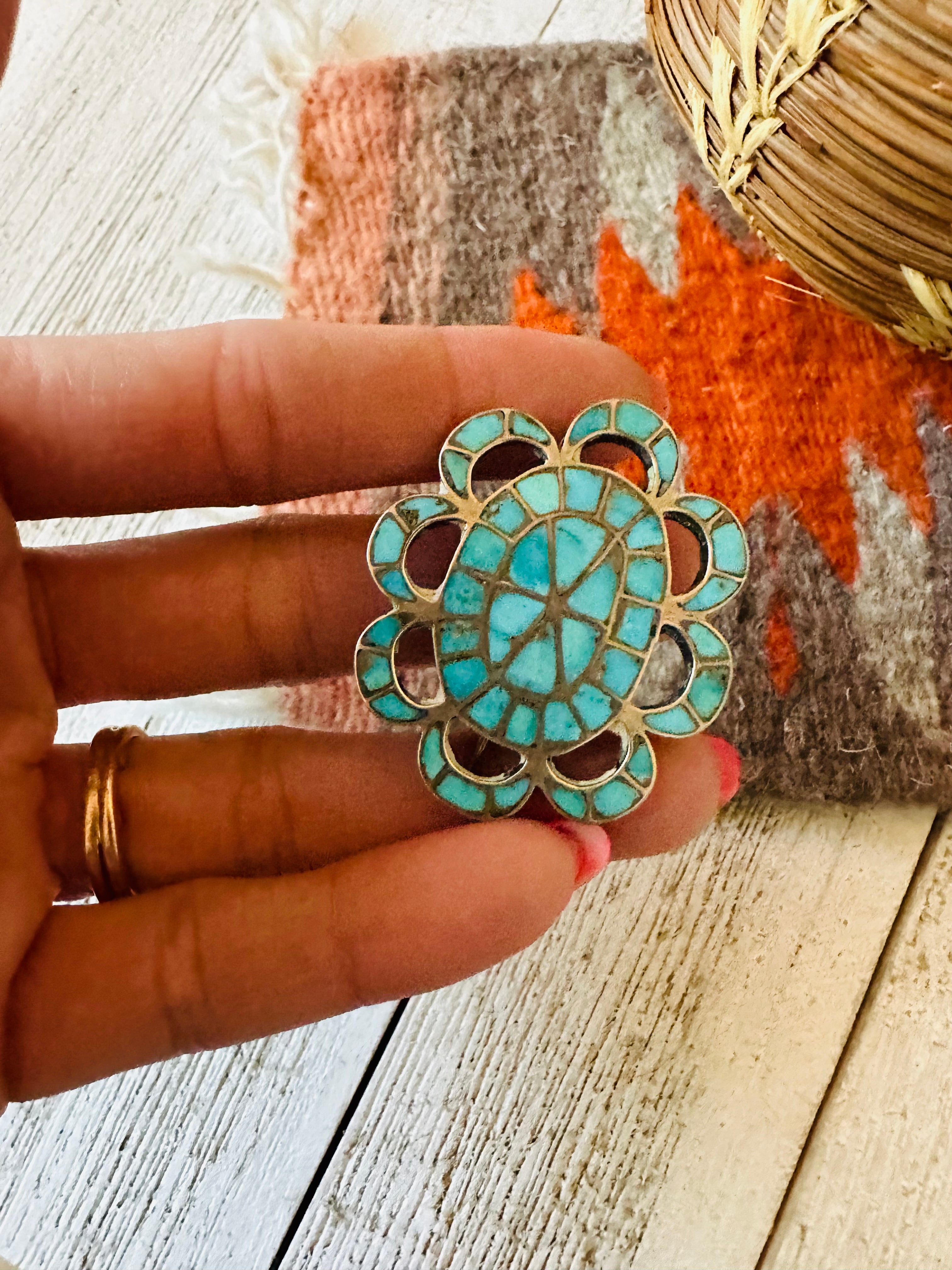 Vintage Zuni Turquoise & Sterling Silver Inlay Brooch