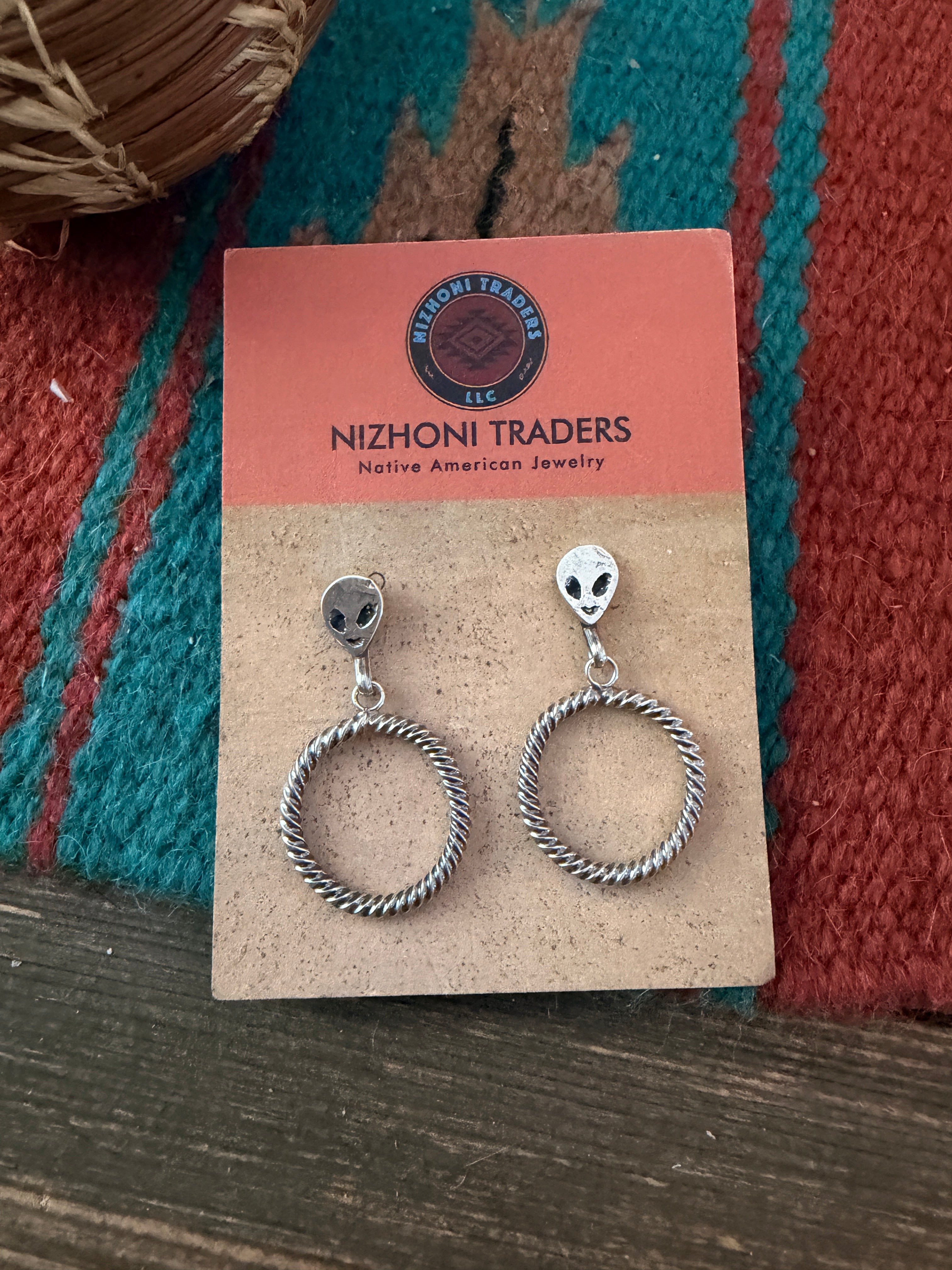 Handcrafted Sterling Silver Alien Dangle Hoop Earrings