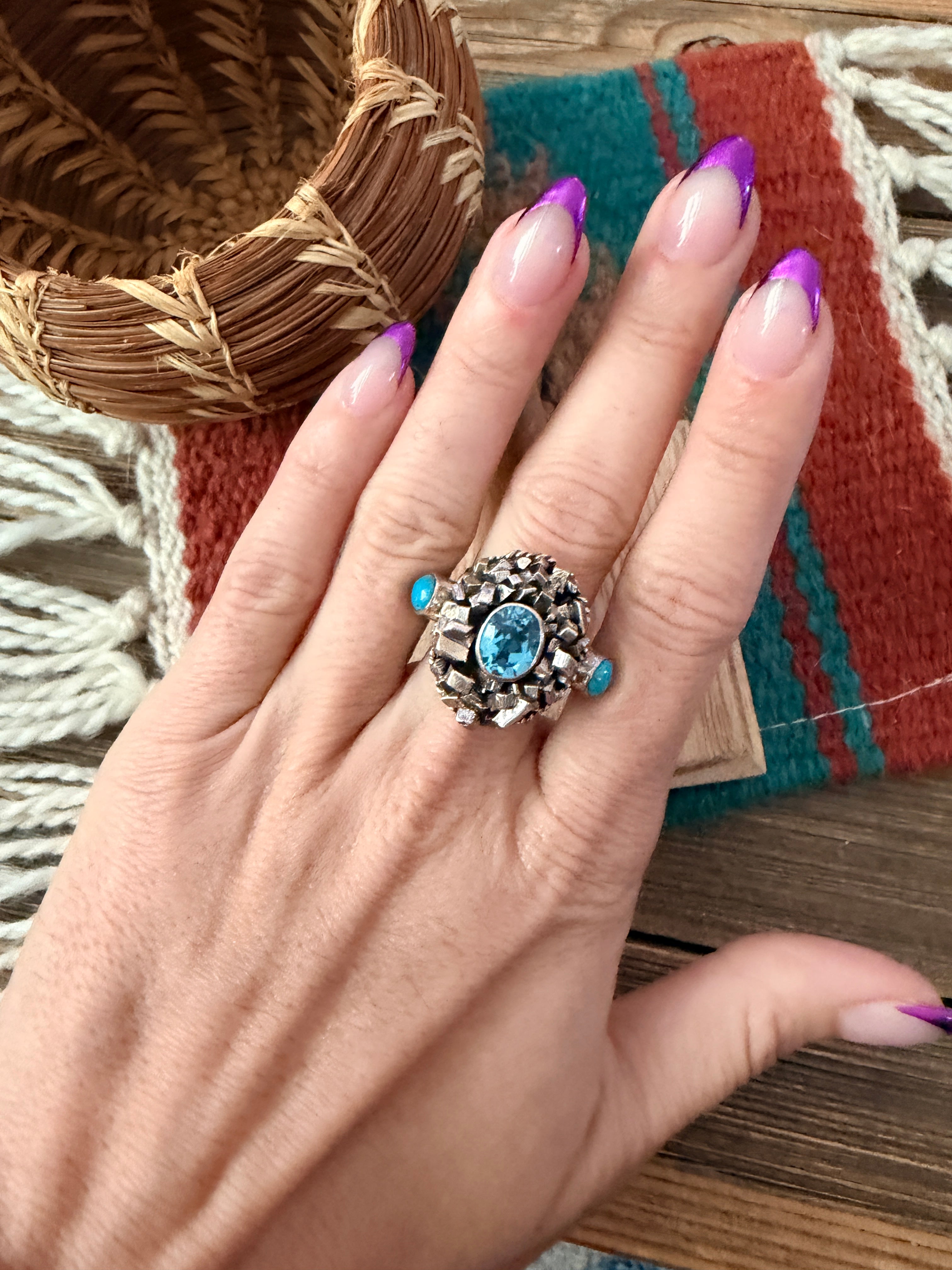 Old Pawn Handcrafted Topaz, Turquoise & Sterling Silver Ring Size 5.5