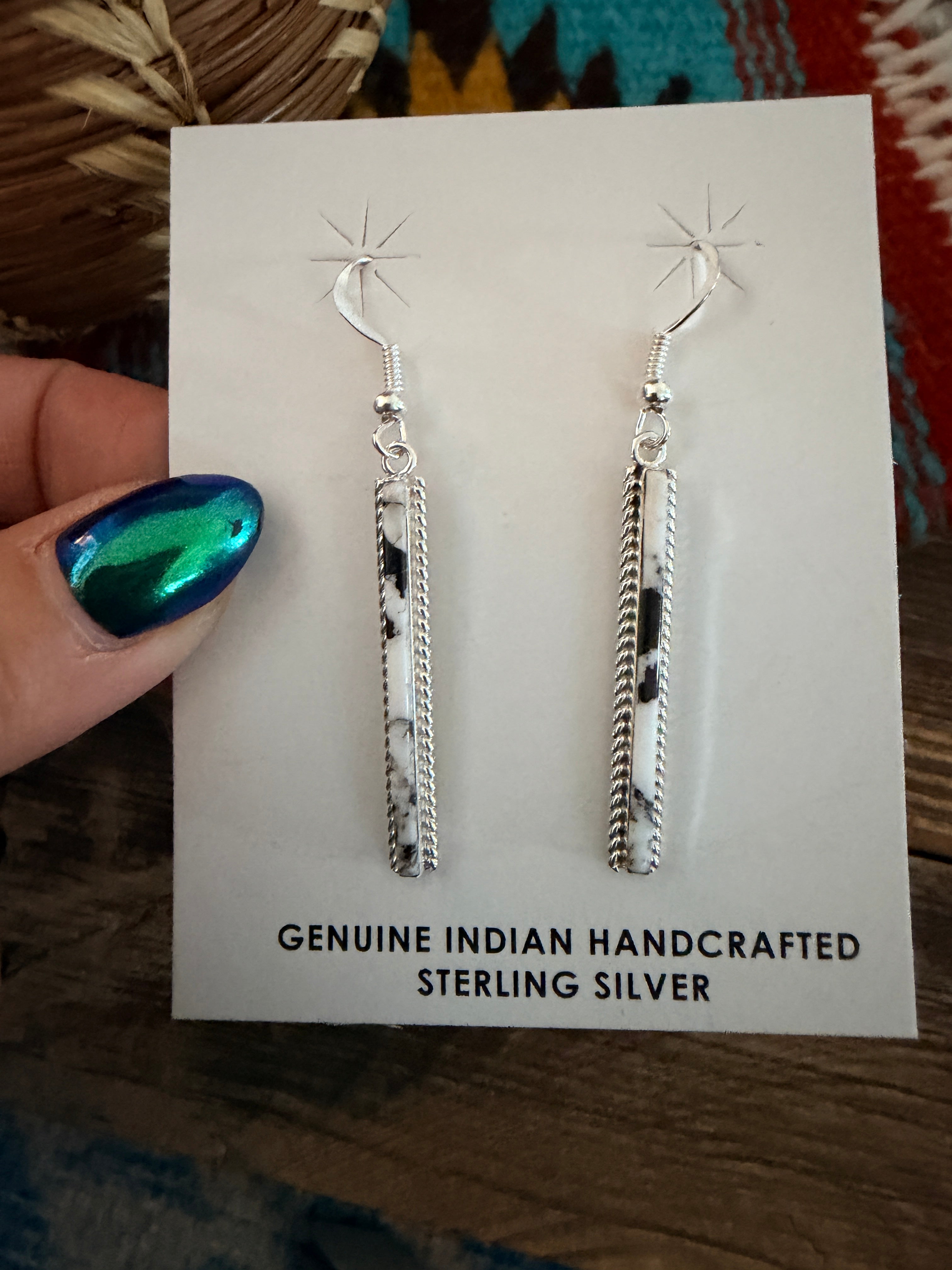 Handcrafted White Buffalo & Sterling Silver Inlay Dangle Earrings by Allen Barney