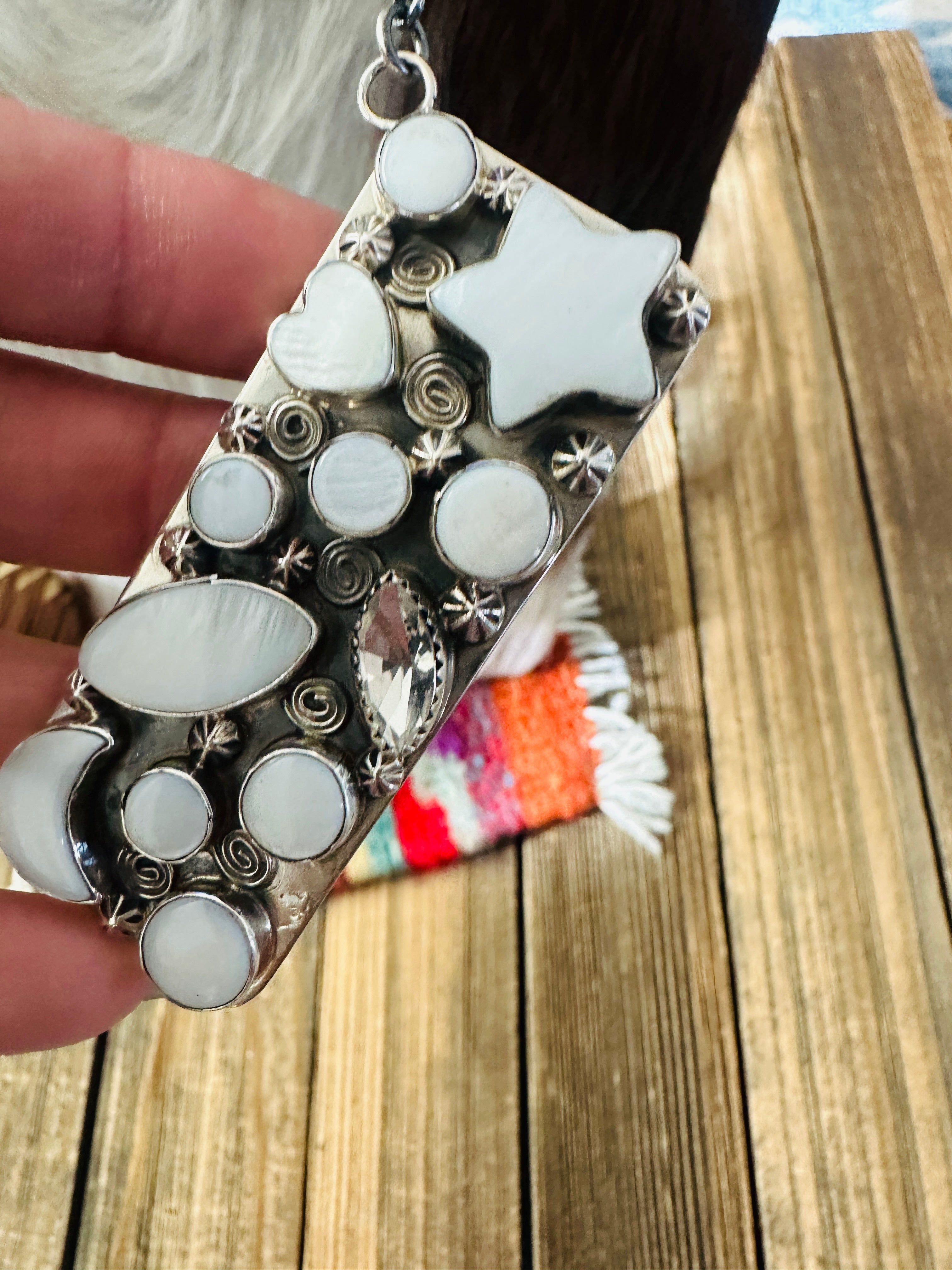 Handcrafted Mother of Pearl, CZ & Sterling Silver Bar Necklace by Jacqueline Silver