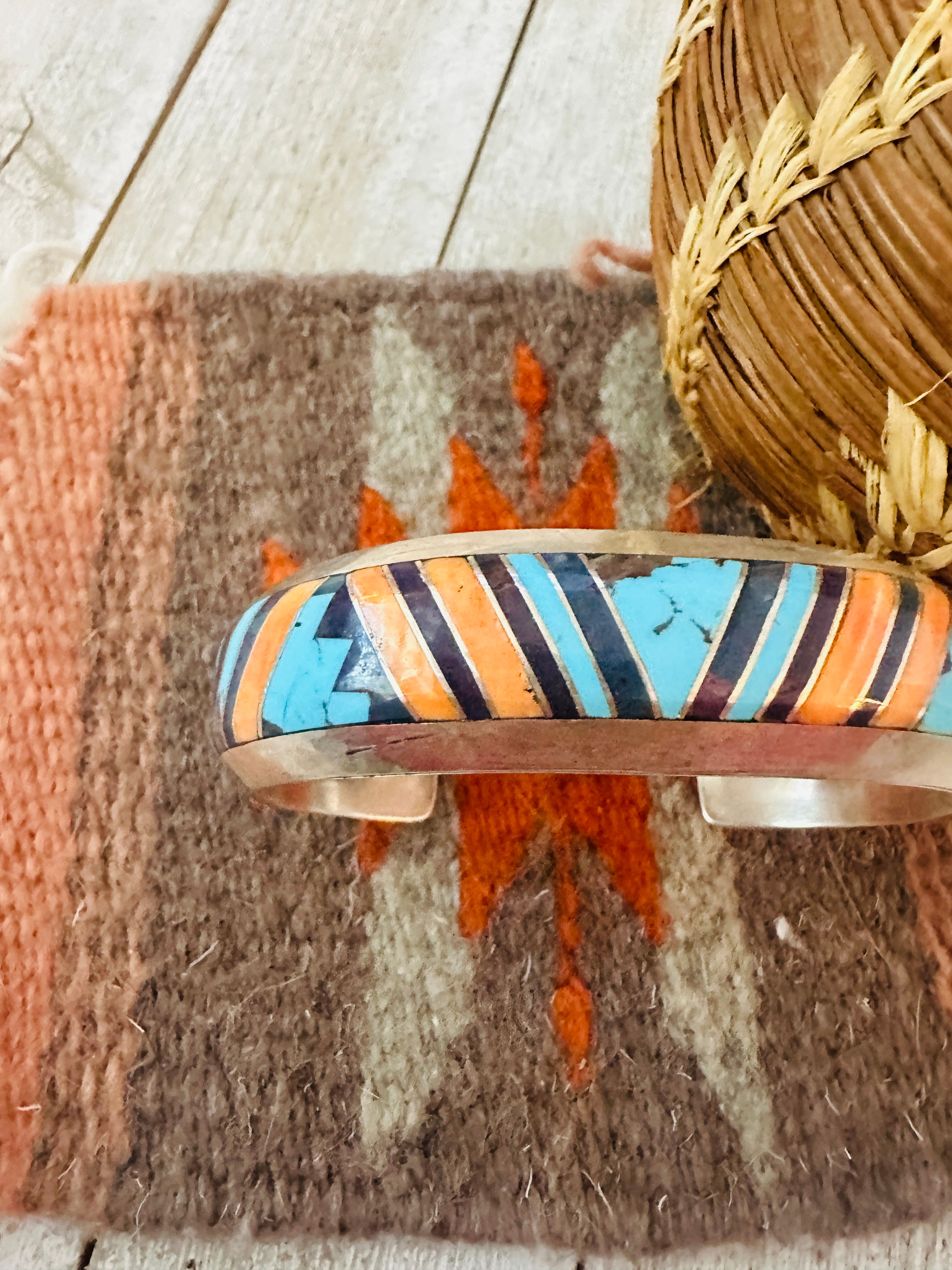 Handcrafted Multi Stone & Sterling Silver Inlay Cuff Bracelet