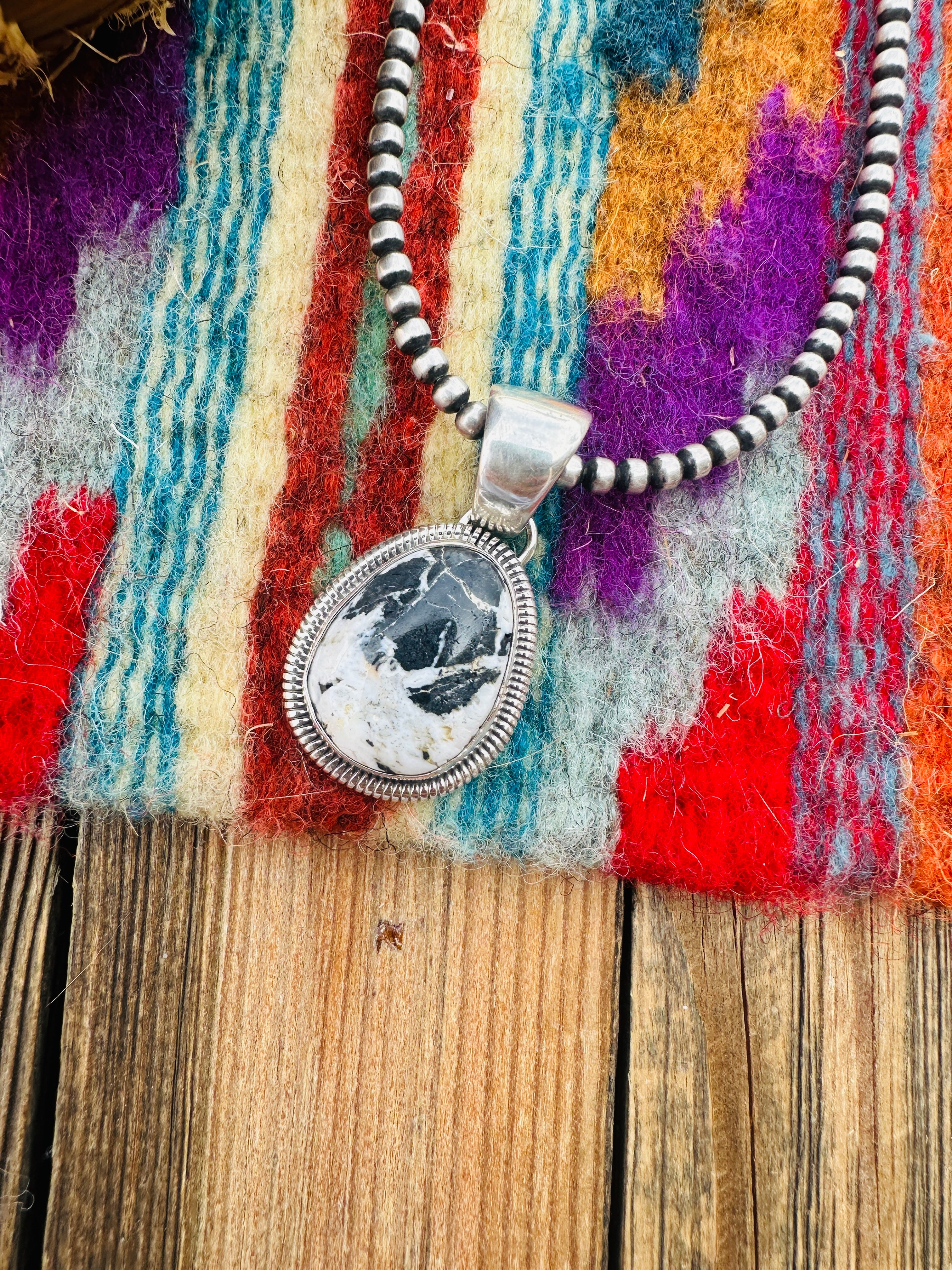 Handcrafted Sterling Silver & White Buffalo Pendant by Wydell Billie
