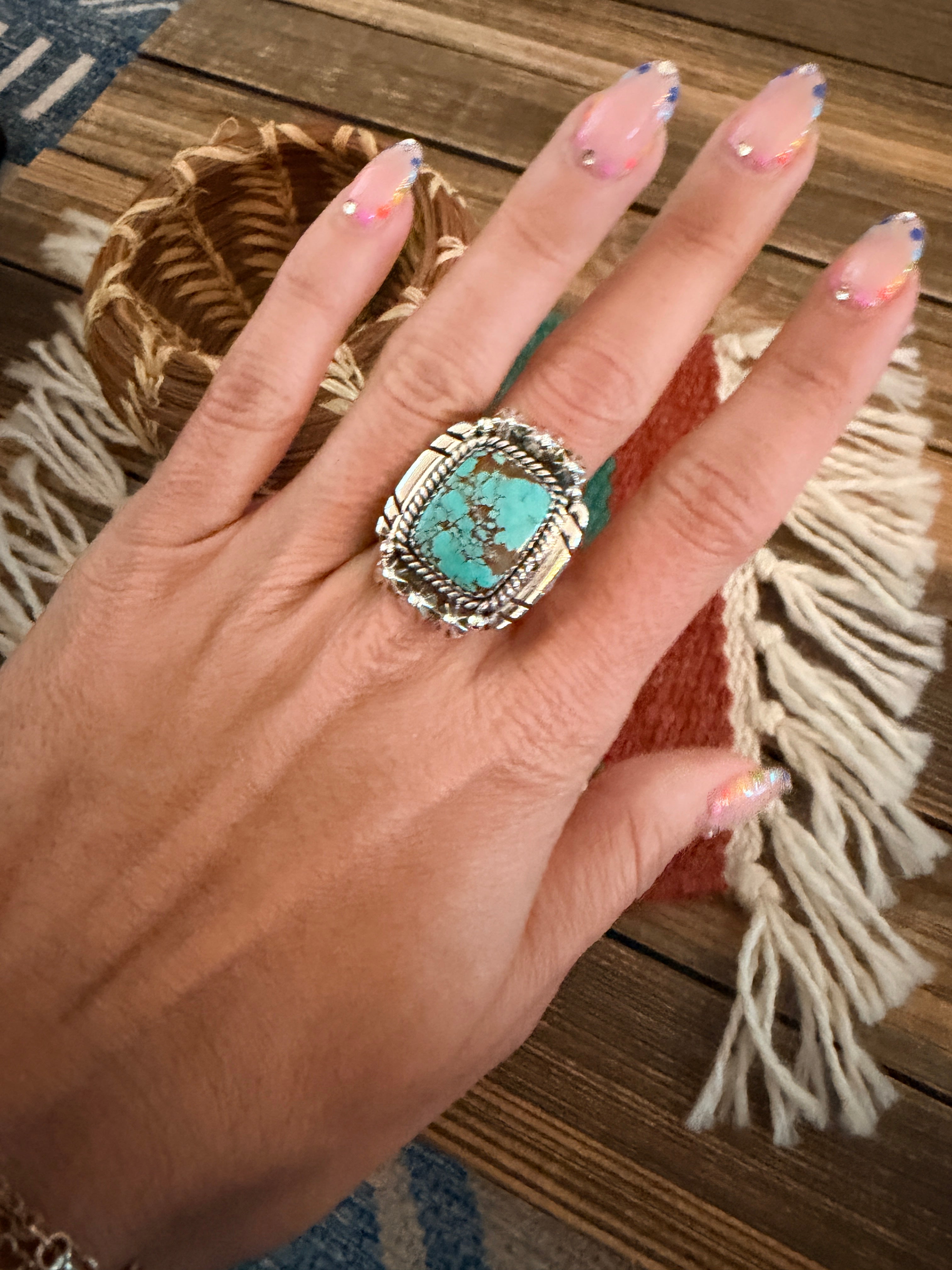 Handmade Sterling Silver Number 8 Turquoise Adjustable Ring Signed Nizhoni