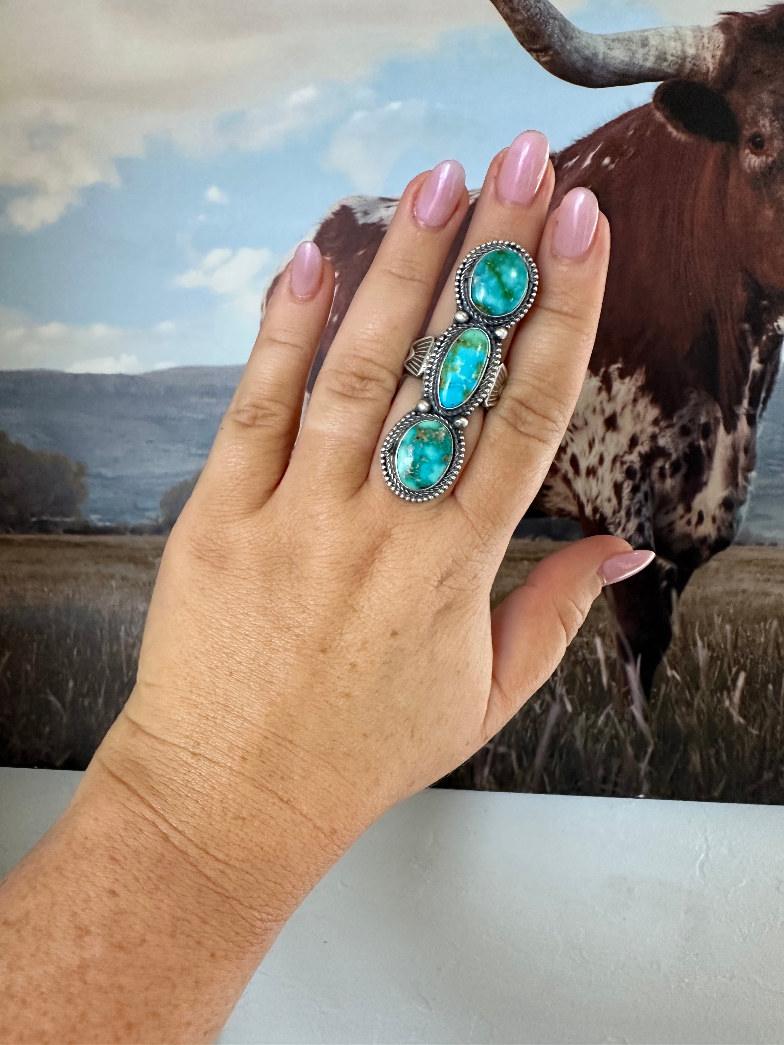 Navajo Sonoran Gold Turquoise & Sterling Silver 3 Stone Ring Size 8.5 Signed