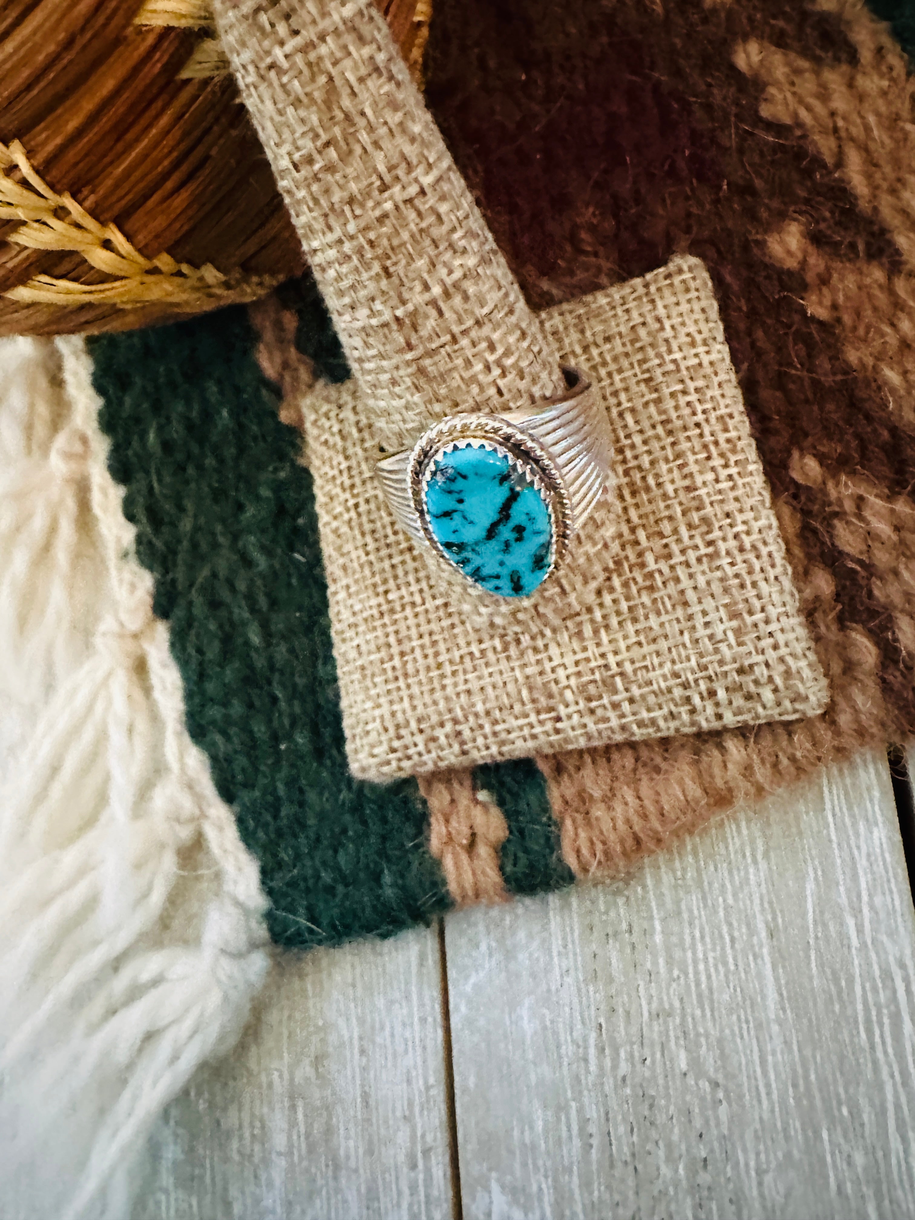 Old Pawn Handcrafted Turquoise & Sterling Silver Ring Size 12