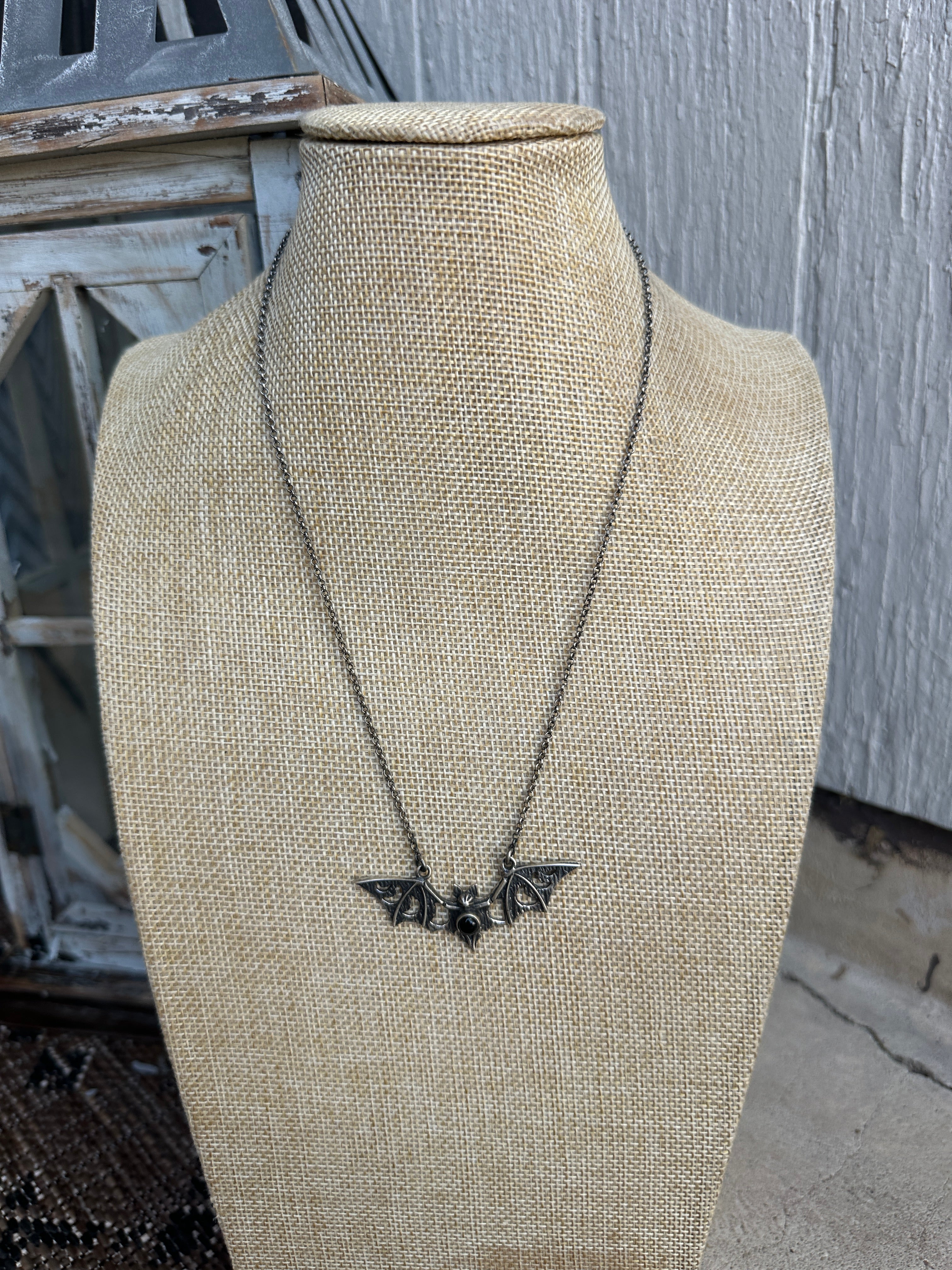 Beautiful Handmade Sterling Silver & Onyx Bat Single Stone Necklace STYLE 3