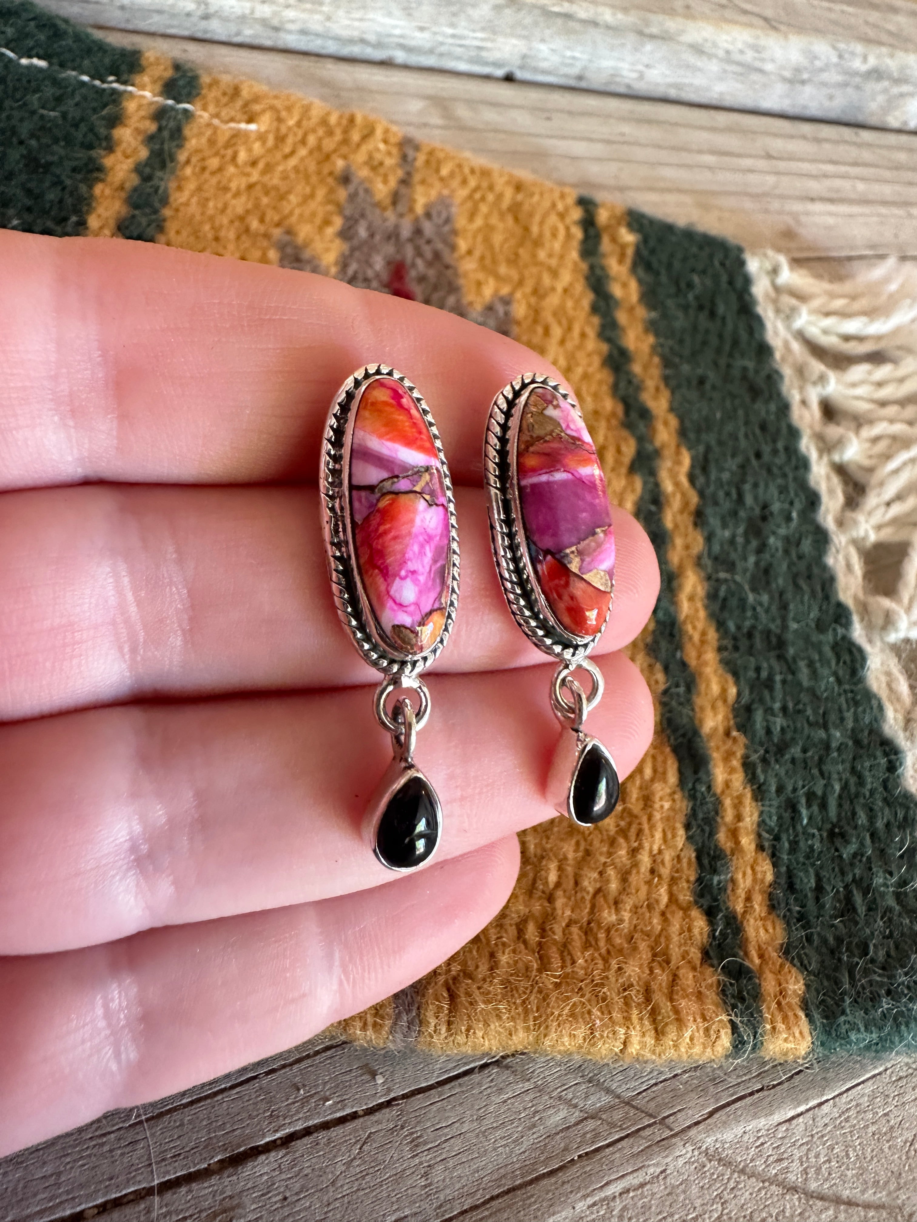 Handmade Onyx, Pink Dream Mojave & Sterling Silver Post Dangle Earrings Signed Nizhoni