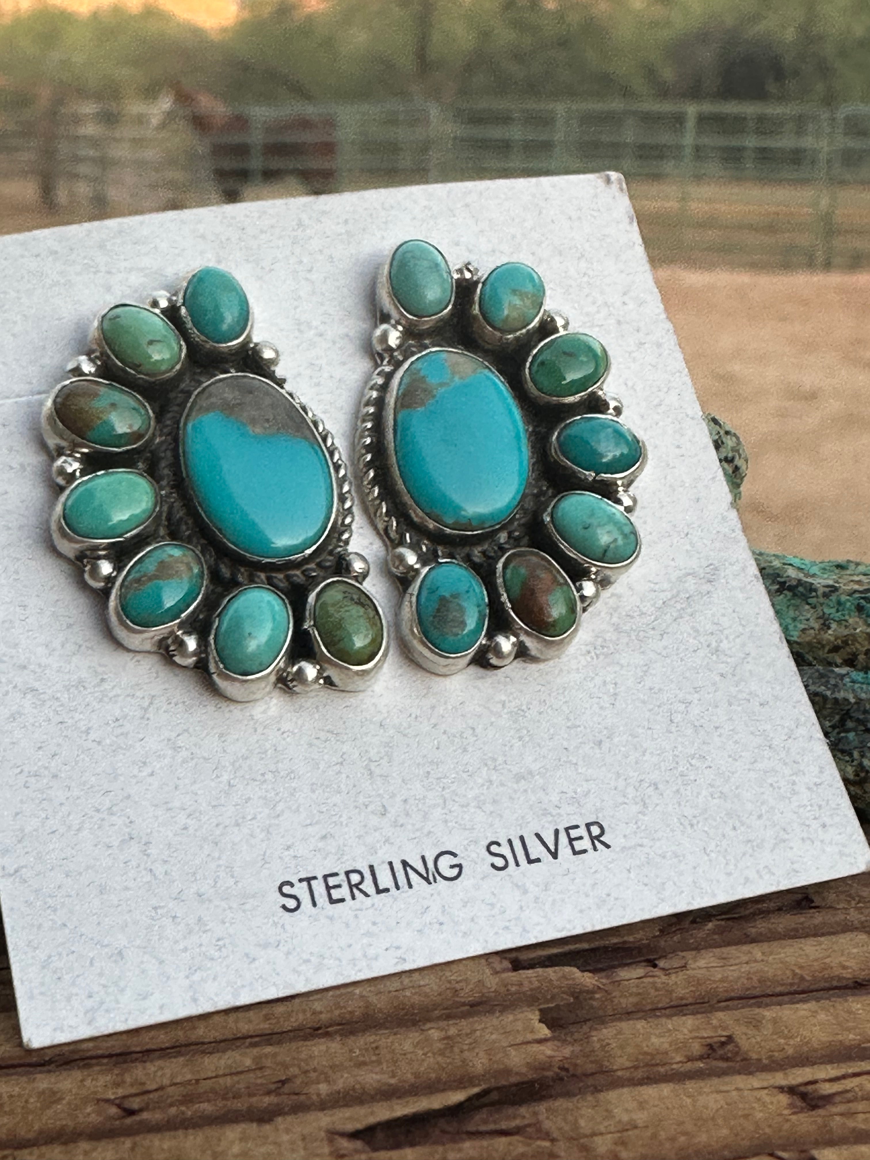 Navajo Geraldine James Turquoise Sterling Silver Cluster Stud Earrings