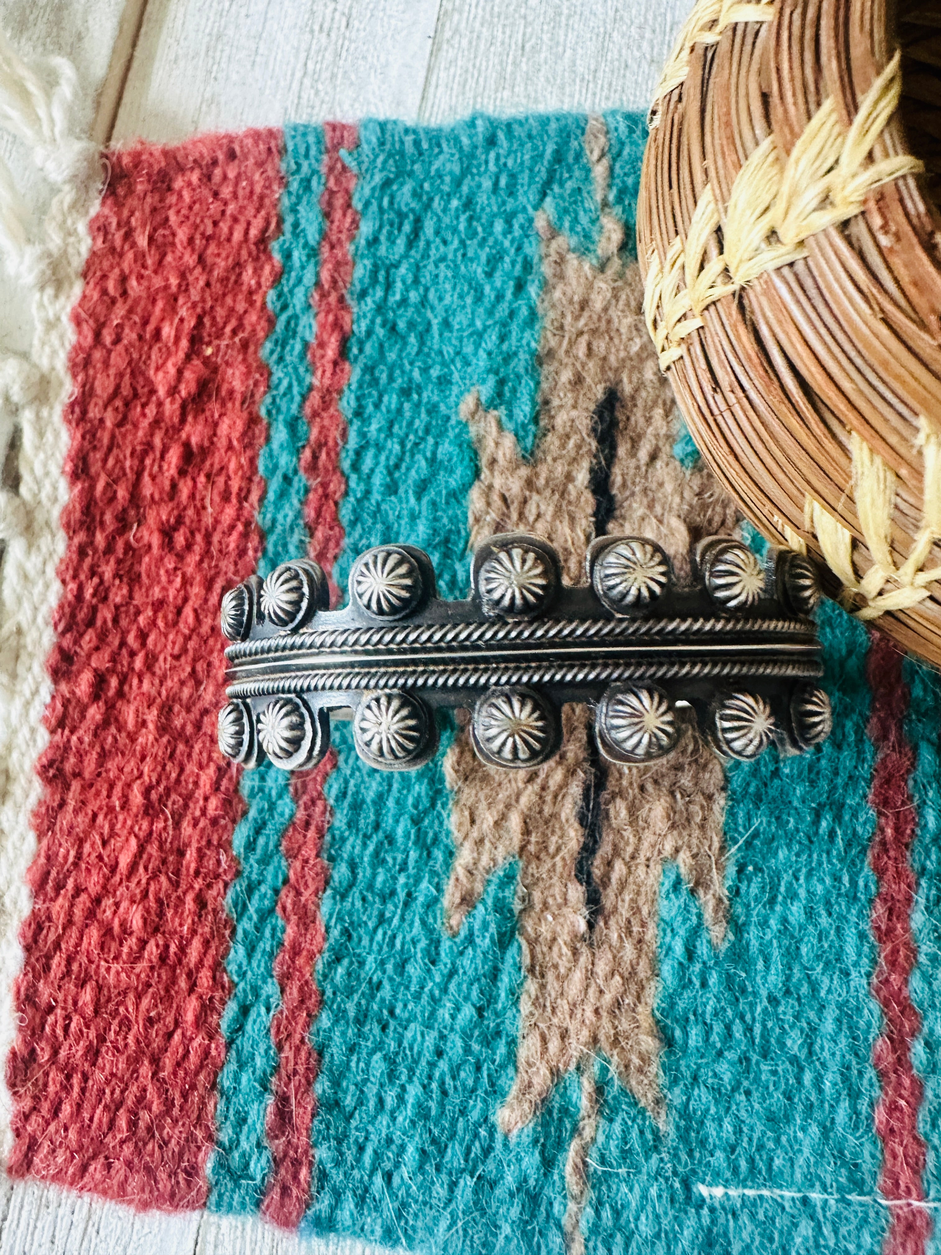 Navajo Hand Stamped Sterling Silver Studded Cuff Bracelet