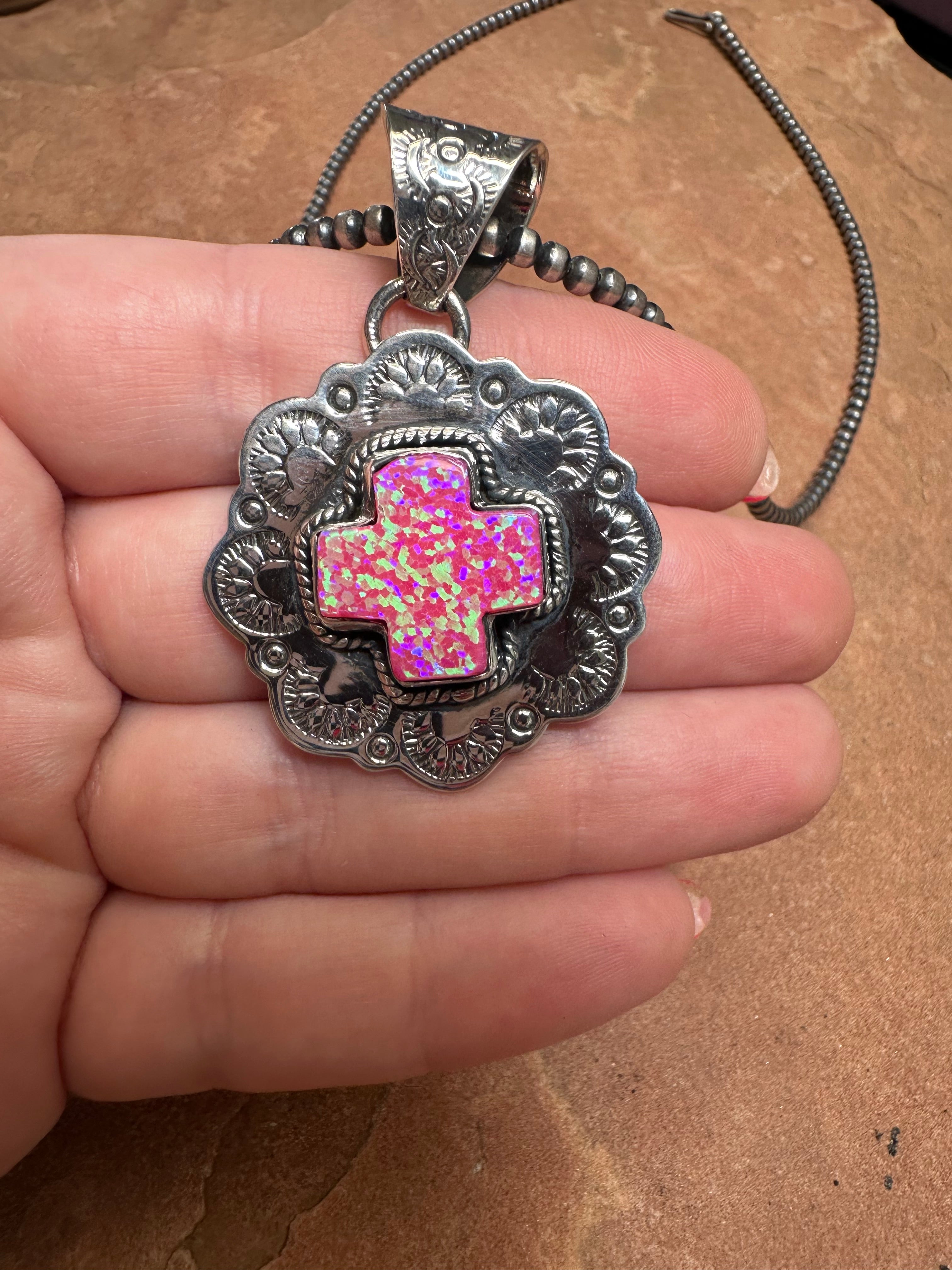 Handmade Hot Pink Fire Opal & Sterling Silver Cross Concho Pendant