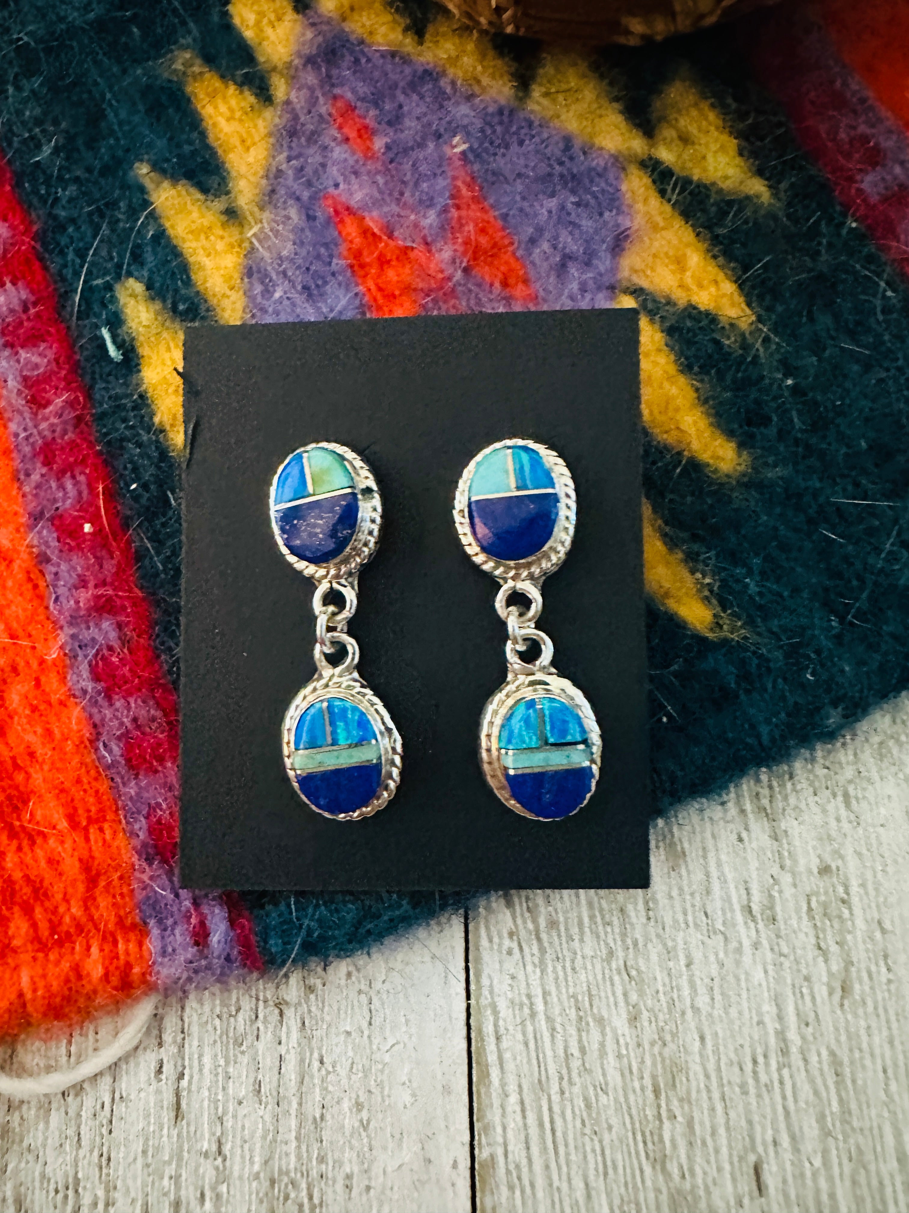 Navajo Sterling Silver & Multi Stone Inlay Dangle Earrings