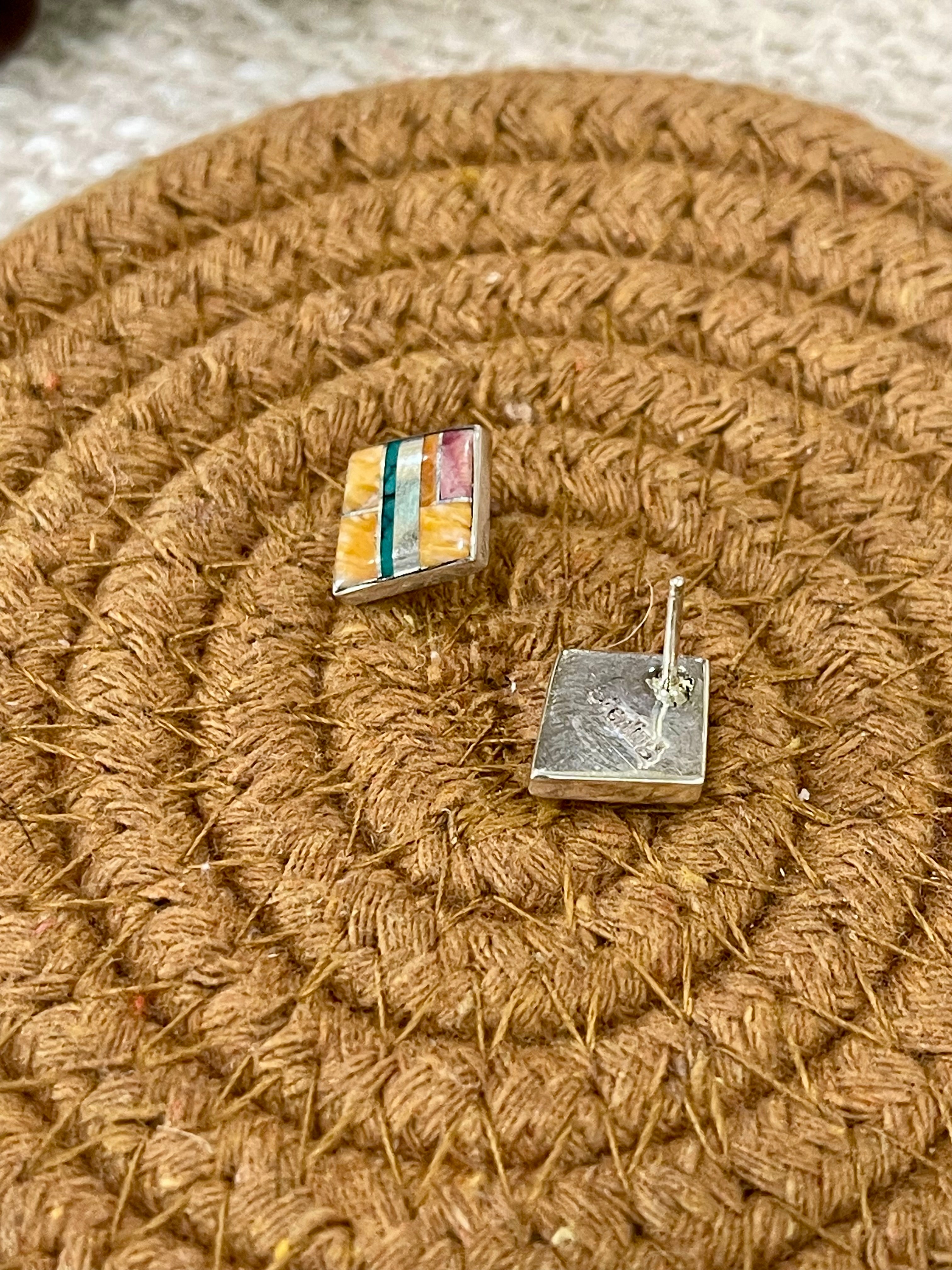 Beautiful Handmade Sterling Silver & Multi Stone Inlay Stud Earrings