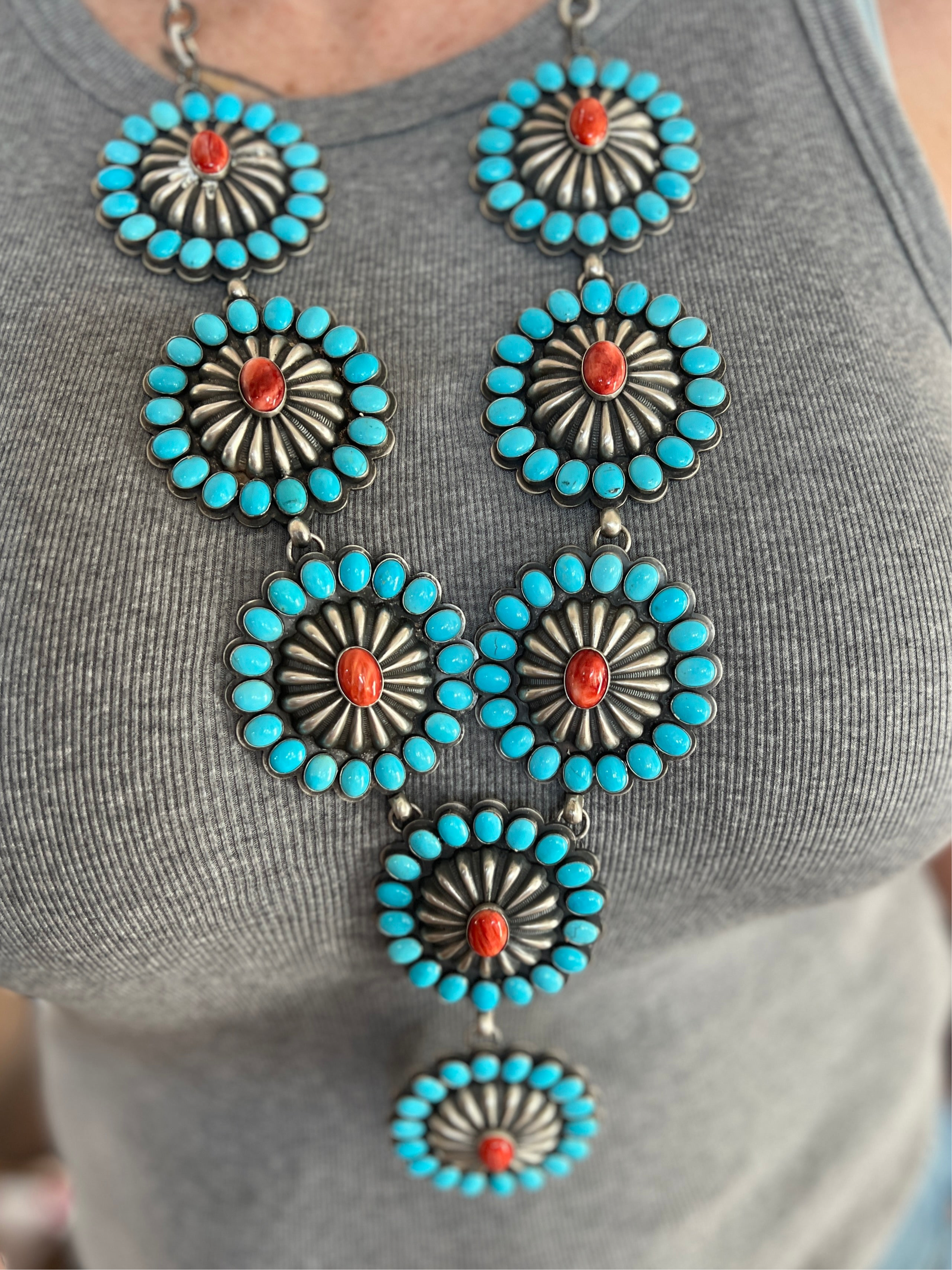 Handcrafted Amazing Spiny Oyster, Kingman Turquoise & Sterling Silver Lariat Necklace by Gilbert Platero