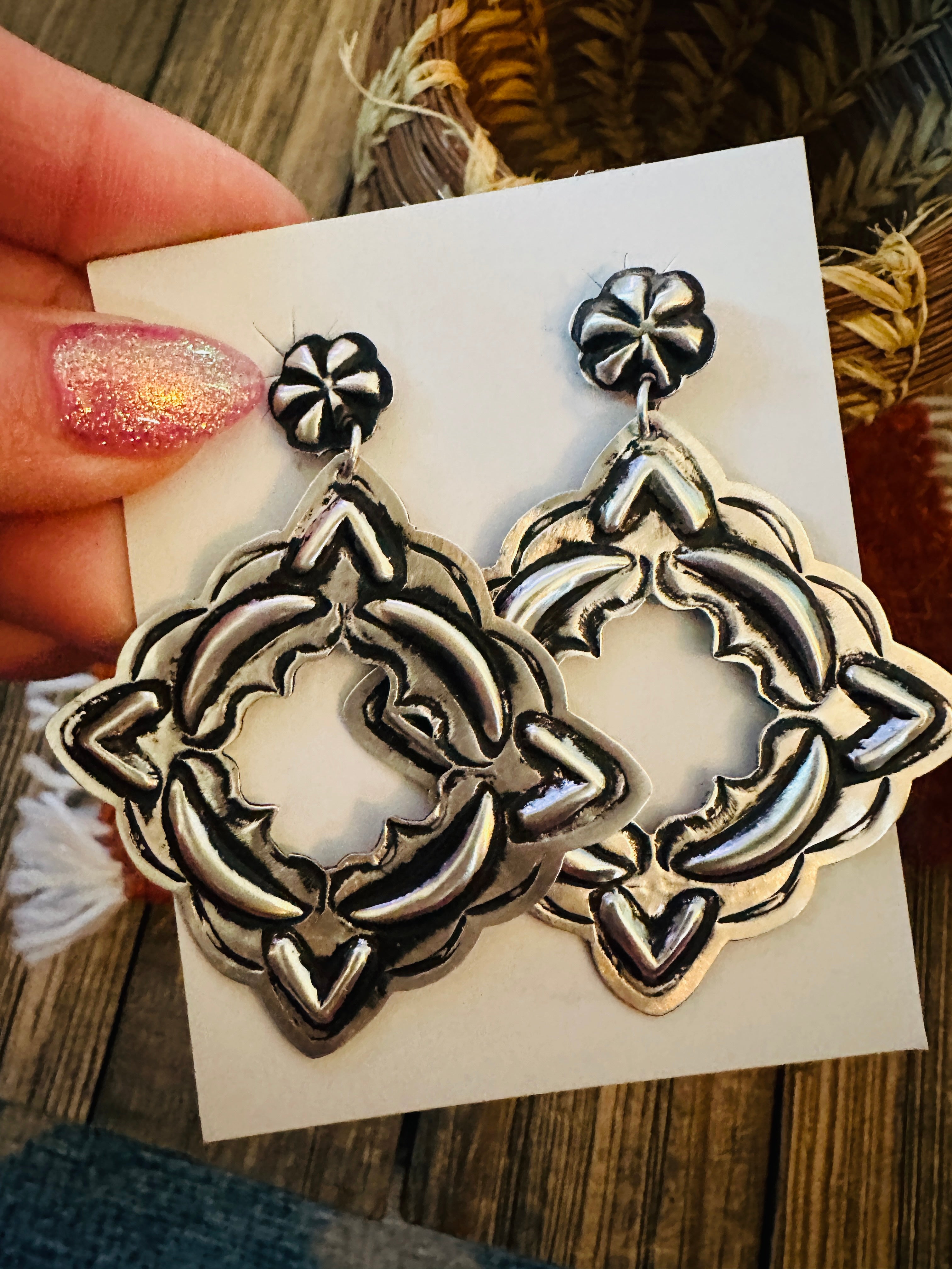 Handcrafted Sterling Silver Concho Dangle Earrings by Leander Tahe