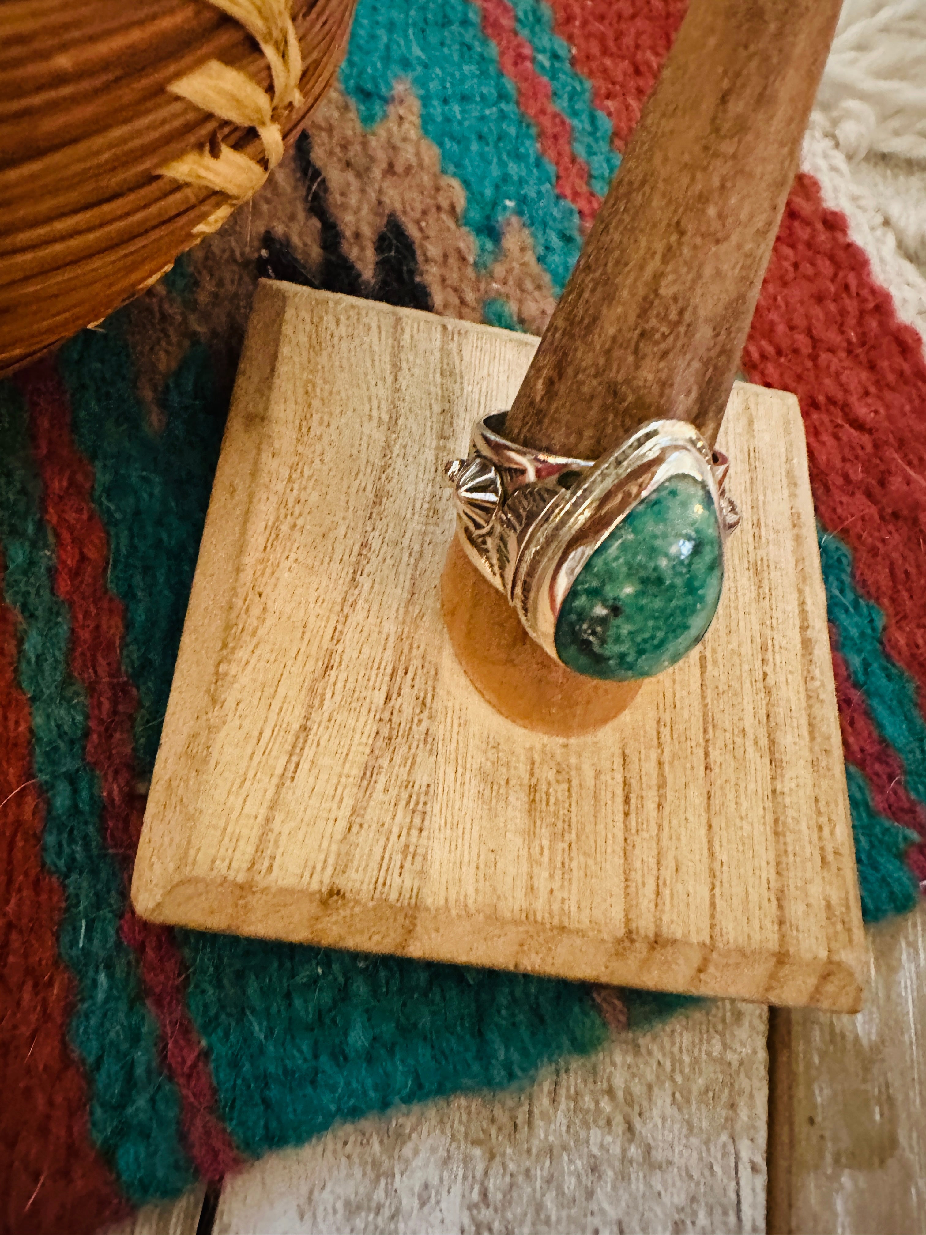 Navajo Sterling Silver & Turquoise Teardrop Cigar Band Ring Size 9