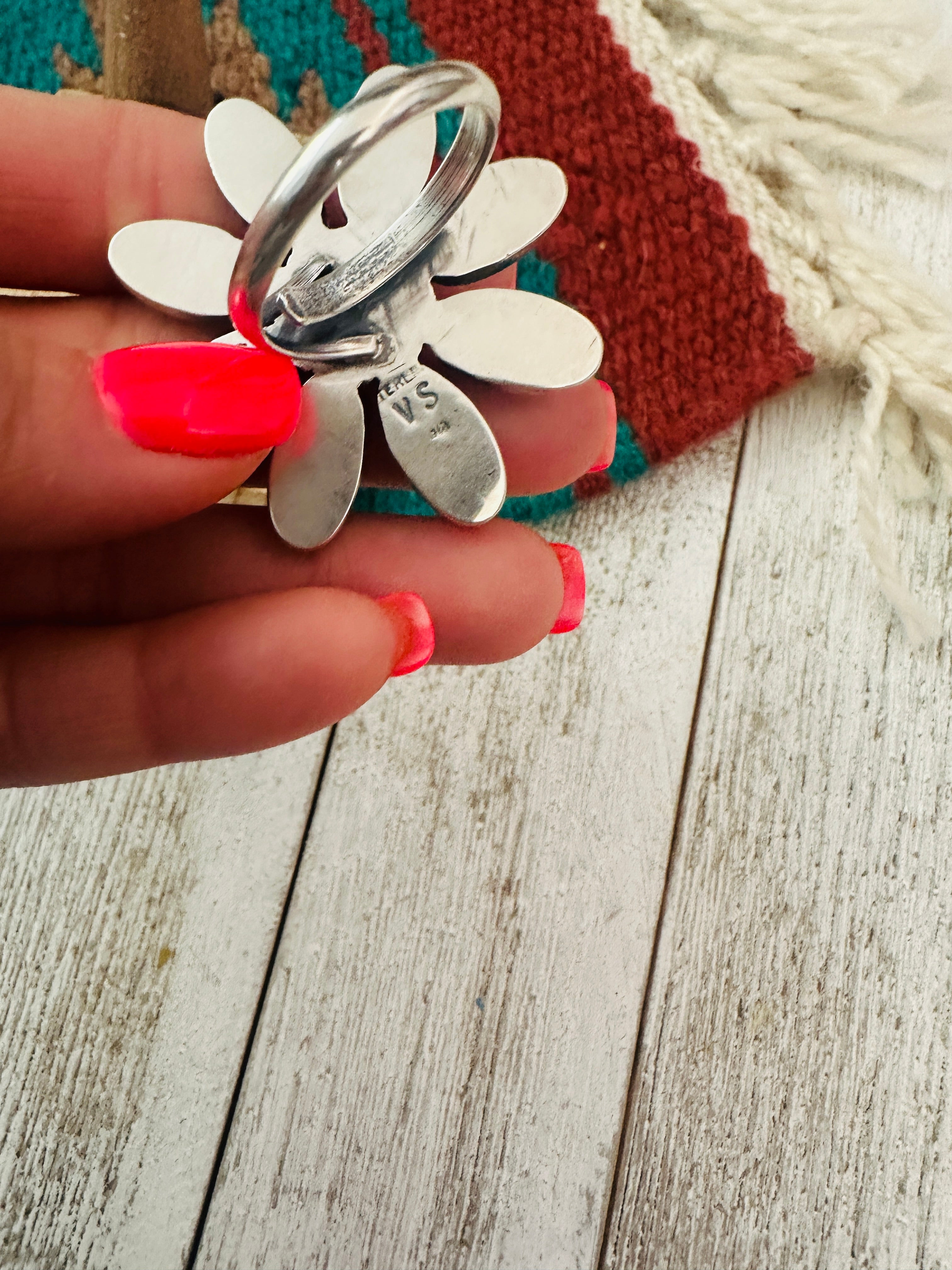 Navajo Sterling Silver & Turquoise Adjustable Flower Ring