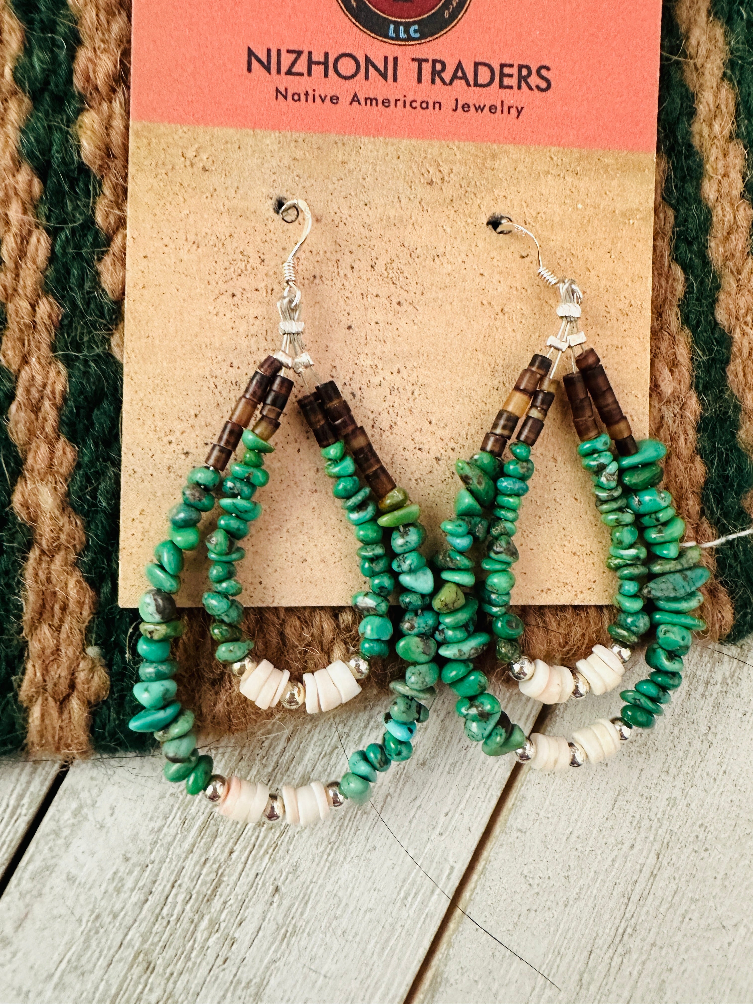 Navajo Turquoise, Shell & Heishi Beaded Hoop Earrings