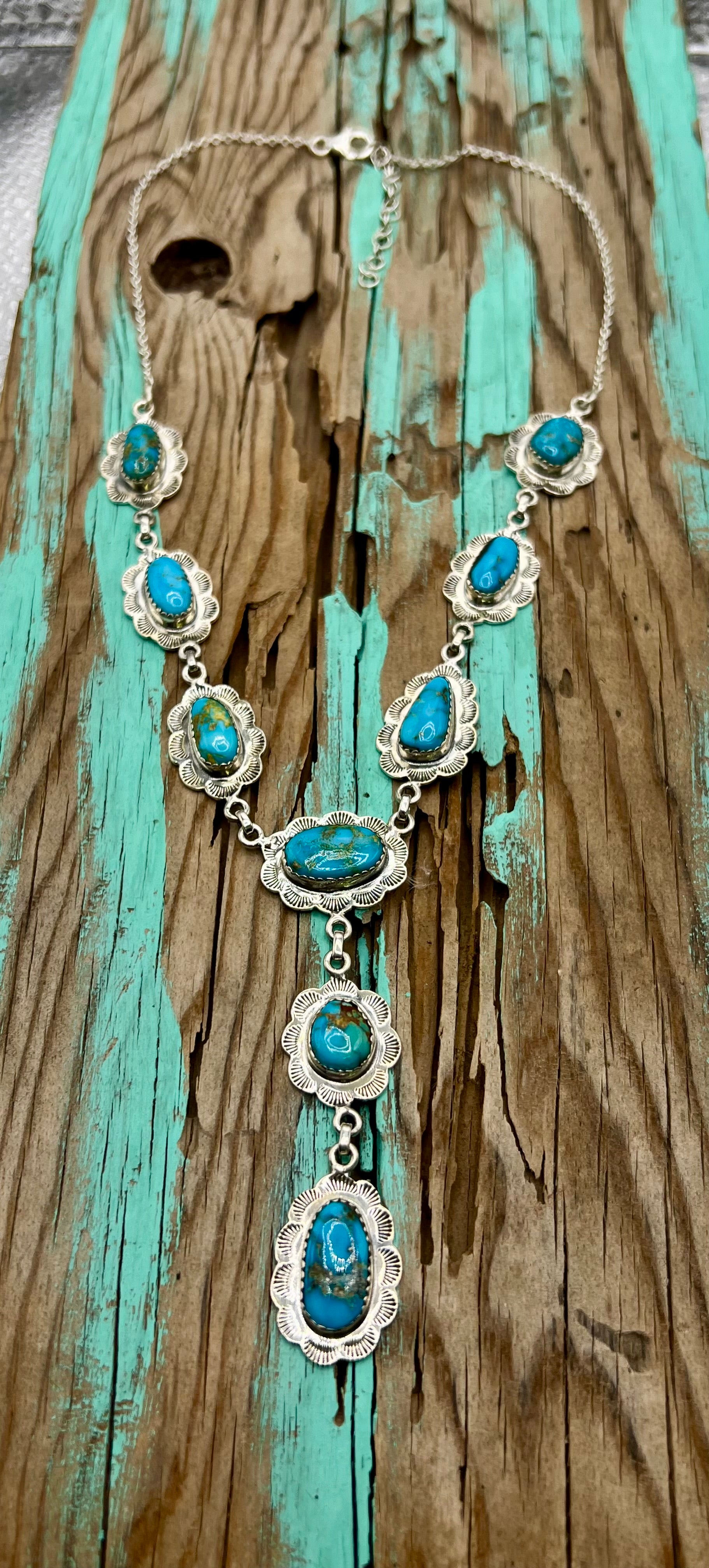 Handmade South Hill Sonoran Turquoise Cluster Sterling Silver Necklace